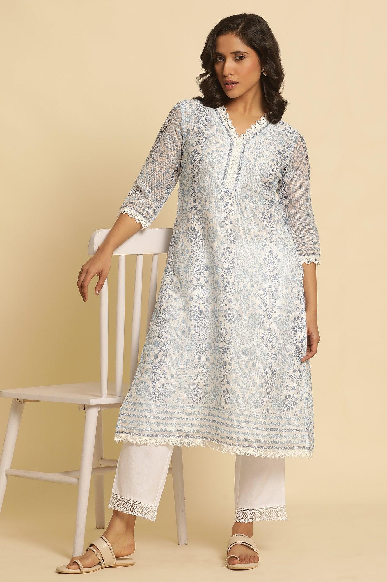 Ecru And Blue Floral Printed Kota Kurta - wforwoman