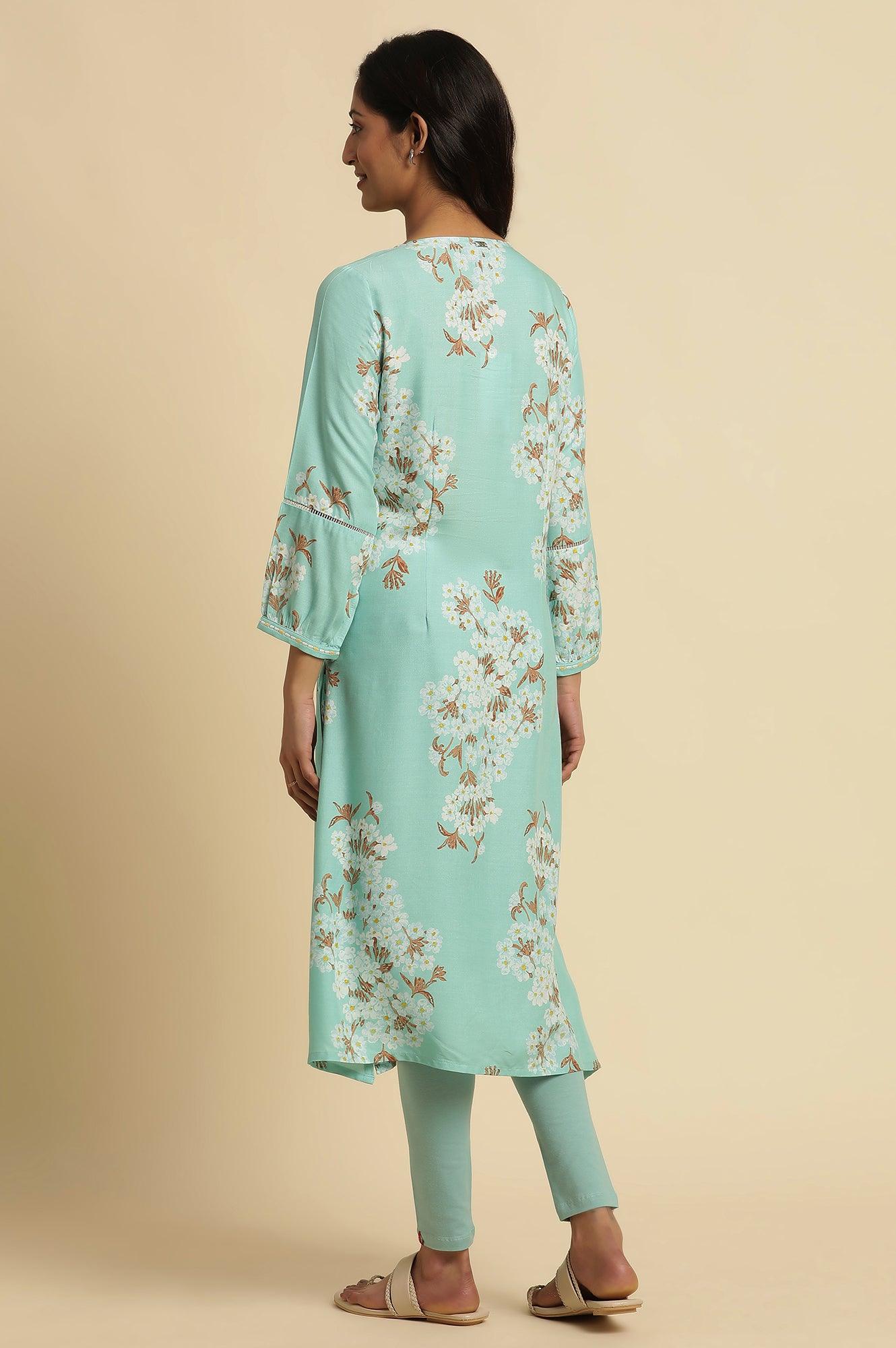 Light Blue Floral Printed Gathered Kurta - wforwoman