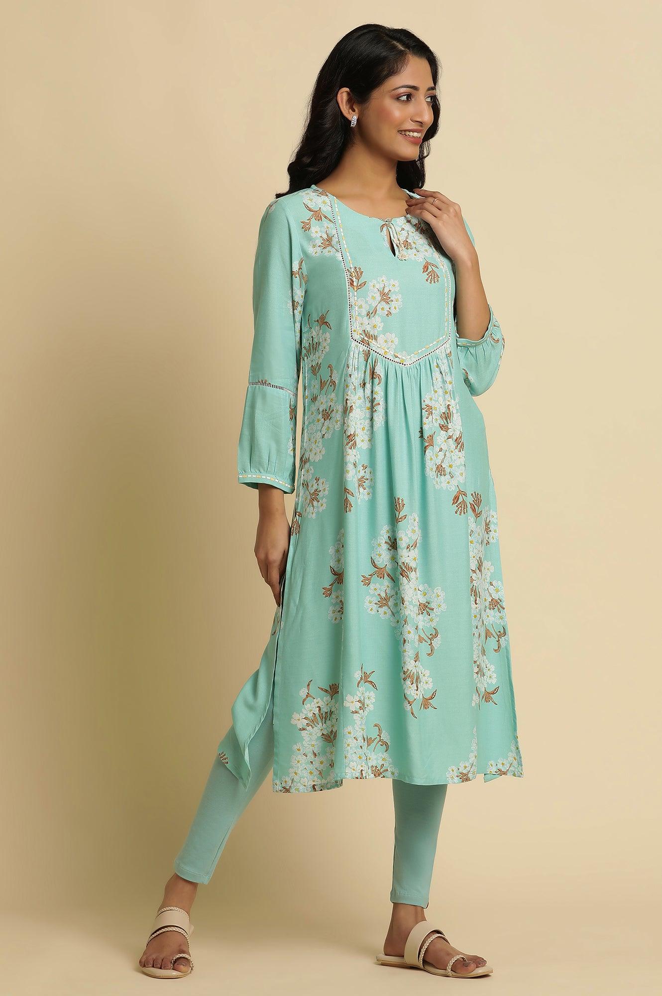 Light Blue Floral Printed Gathered Kurta - wforwoman