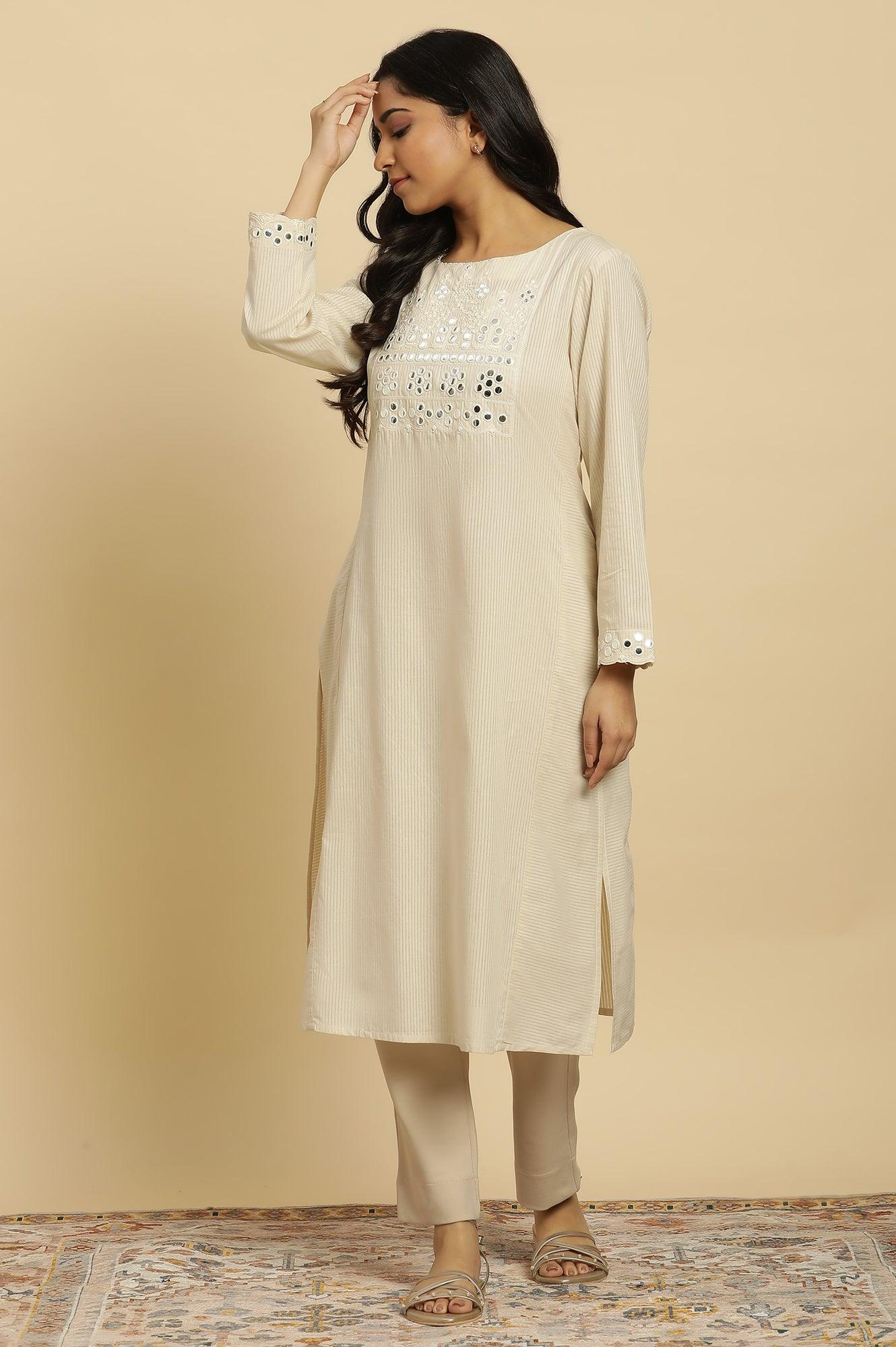 Off-White Cotton Kurta With Mirror Work - wforwoman