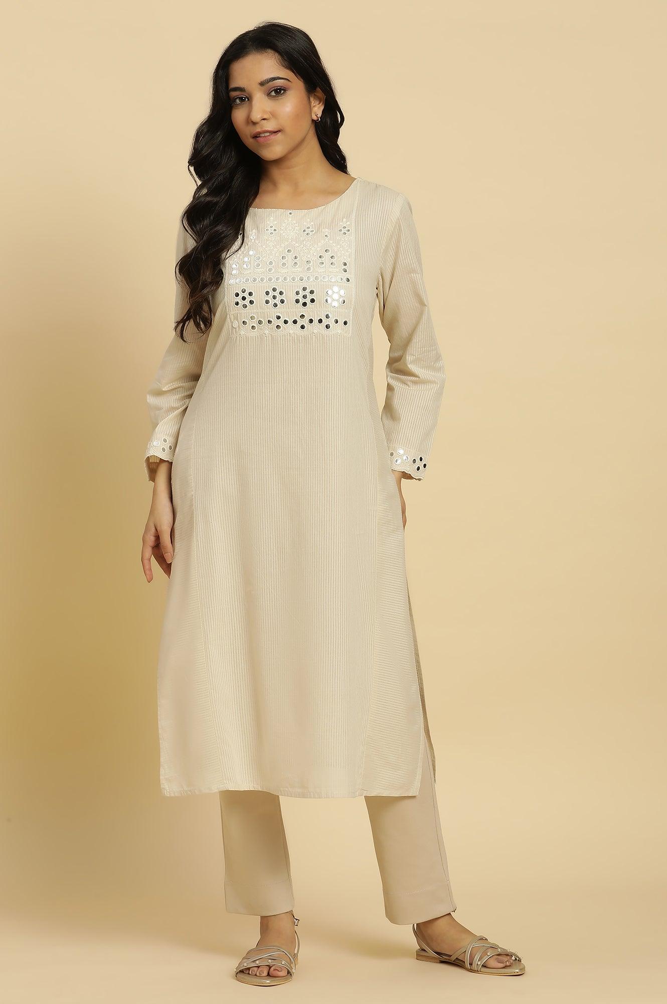 Off-White Cotton Kurta With Mirror Work - wforwoman