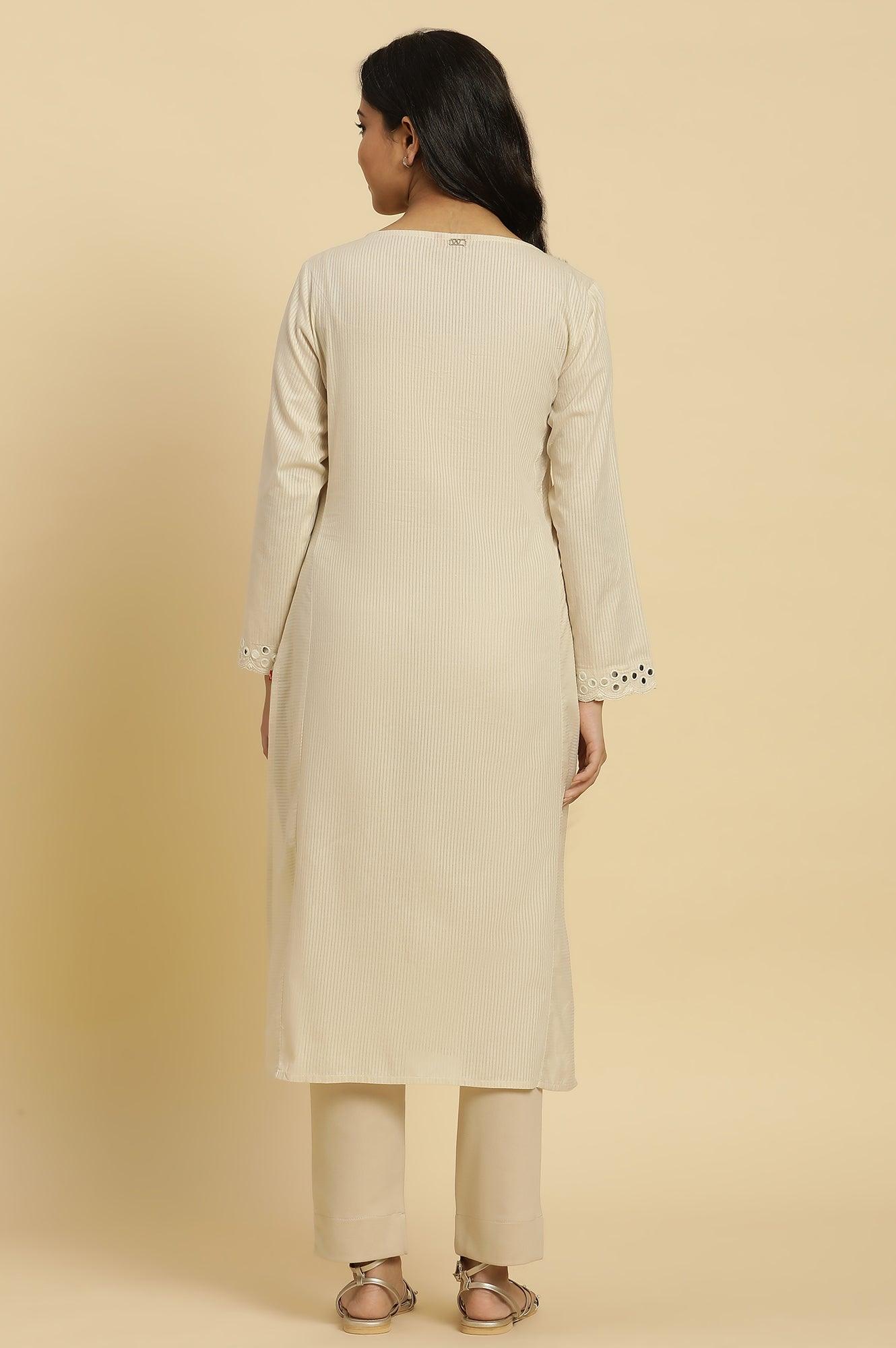 Off-White Cotton Kurta With Mirror Work - wforwoman