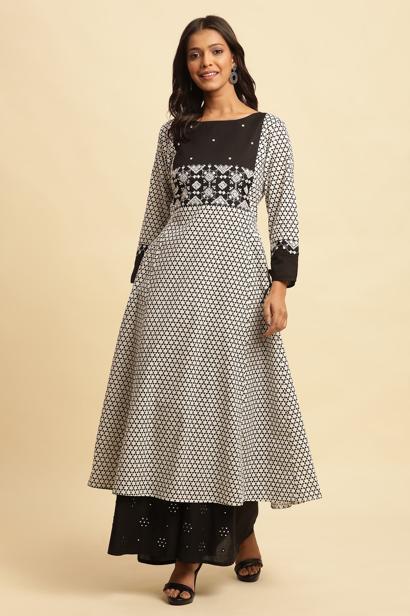 White And Black Printed Flared Kurta With Embroidery