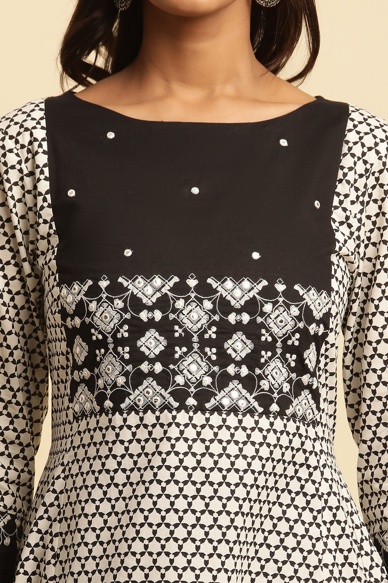 White And Black Printed Flared Kurta With Embroidery