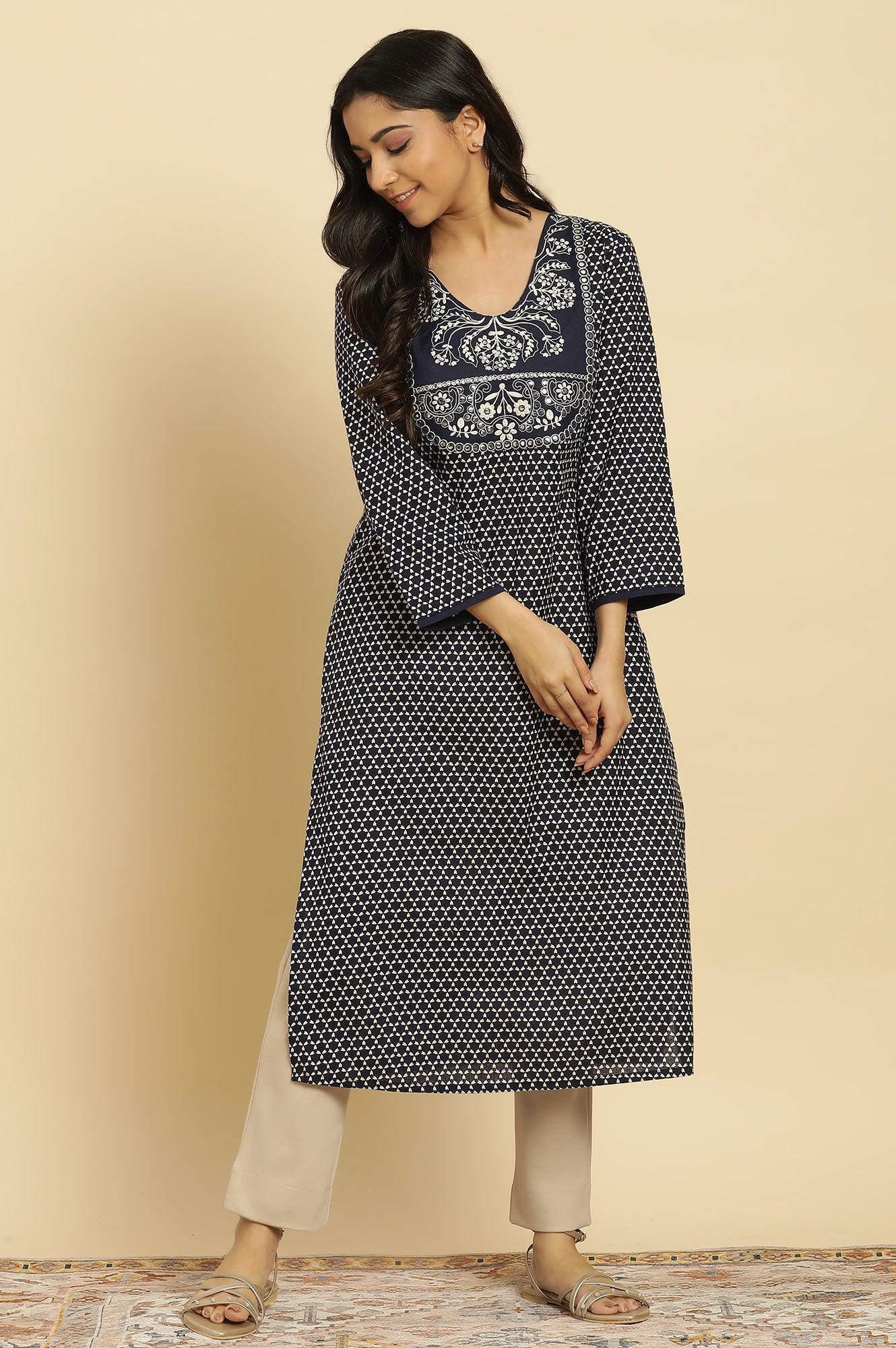 Blue Printed Cotton Kurta With Dori Embroidery - wforwoman