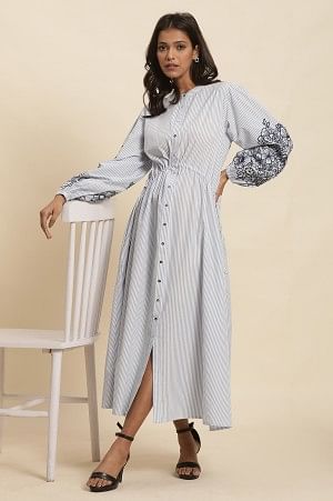White And Blue Striped Embroidered Dress