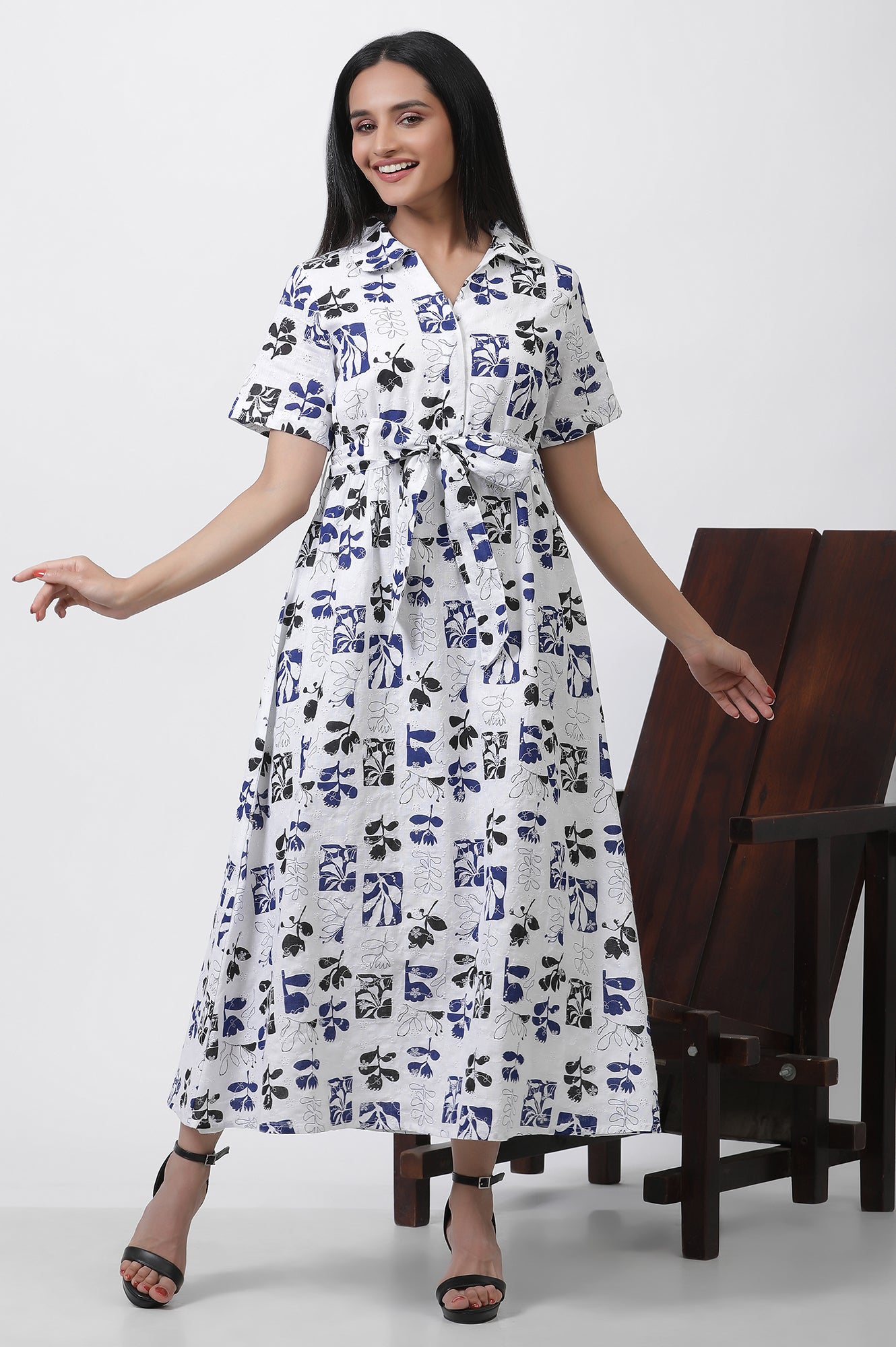 Buy White Printed Cotton Schiffli Long Western Dress Online for Woman | WforWoman Buy White Printed Cotton Schiffli Long Western Dress Online for Woman | WforWoman
