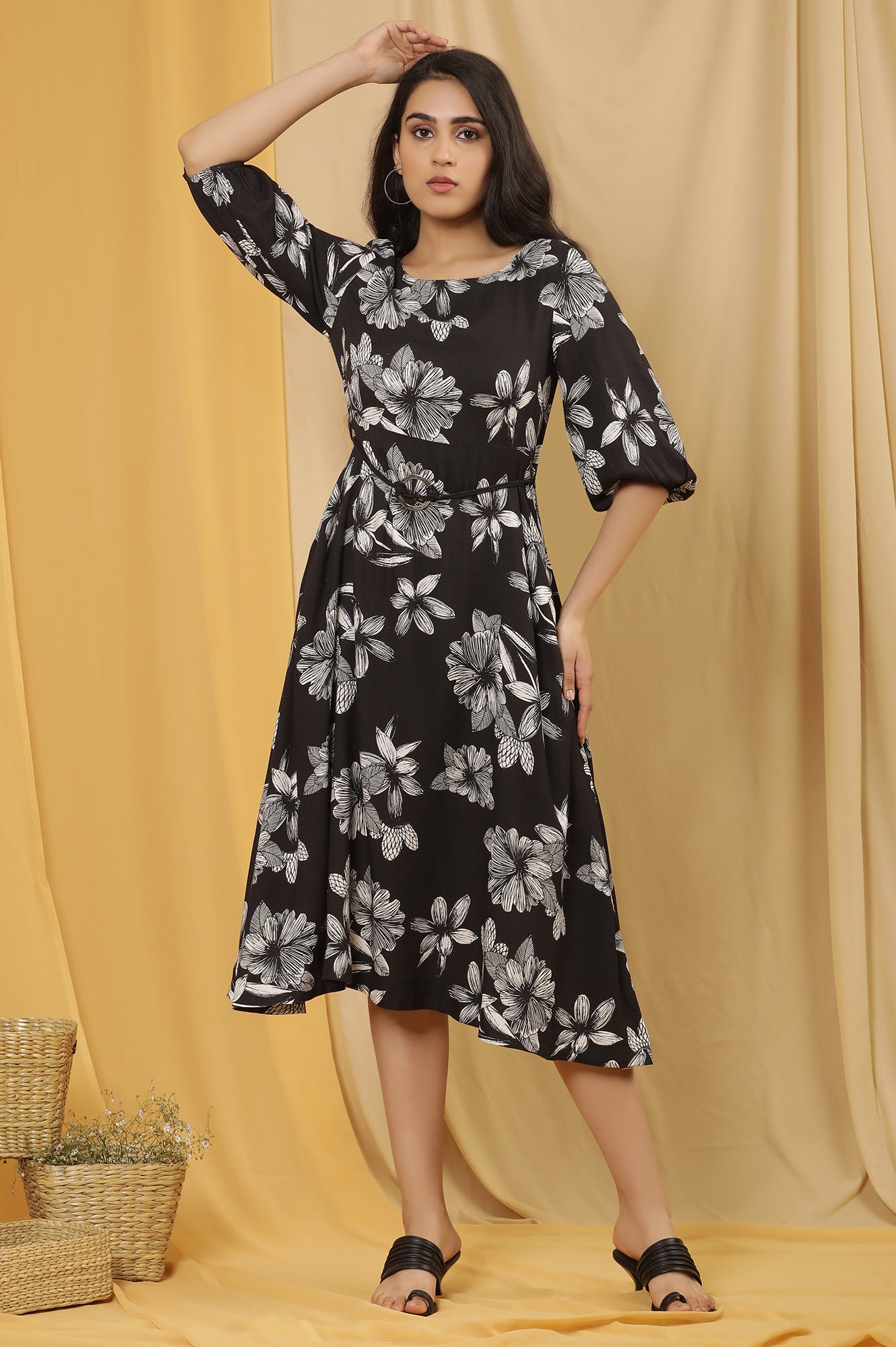Buy Black A-Line Floral Printed Dress Online for Woman | WforWoman Buy Black A-Line Floral Printed Dress Online for Woman | WforWoman