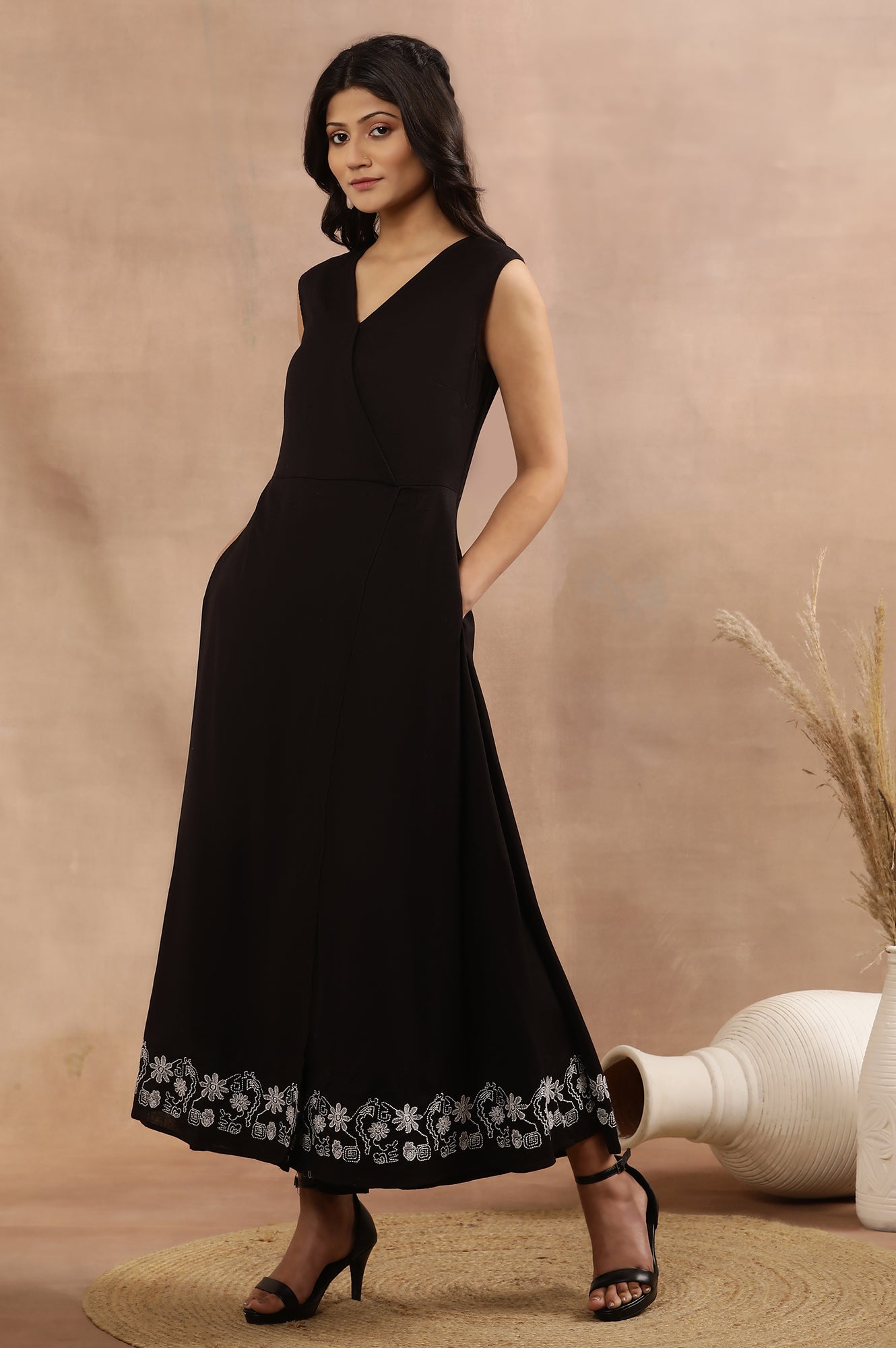 Black Sleeveless Long Western Wrap Jumpsuit