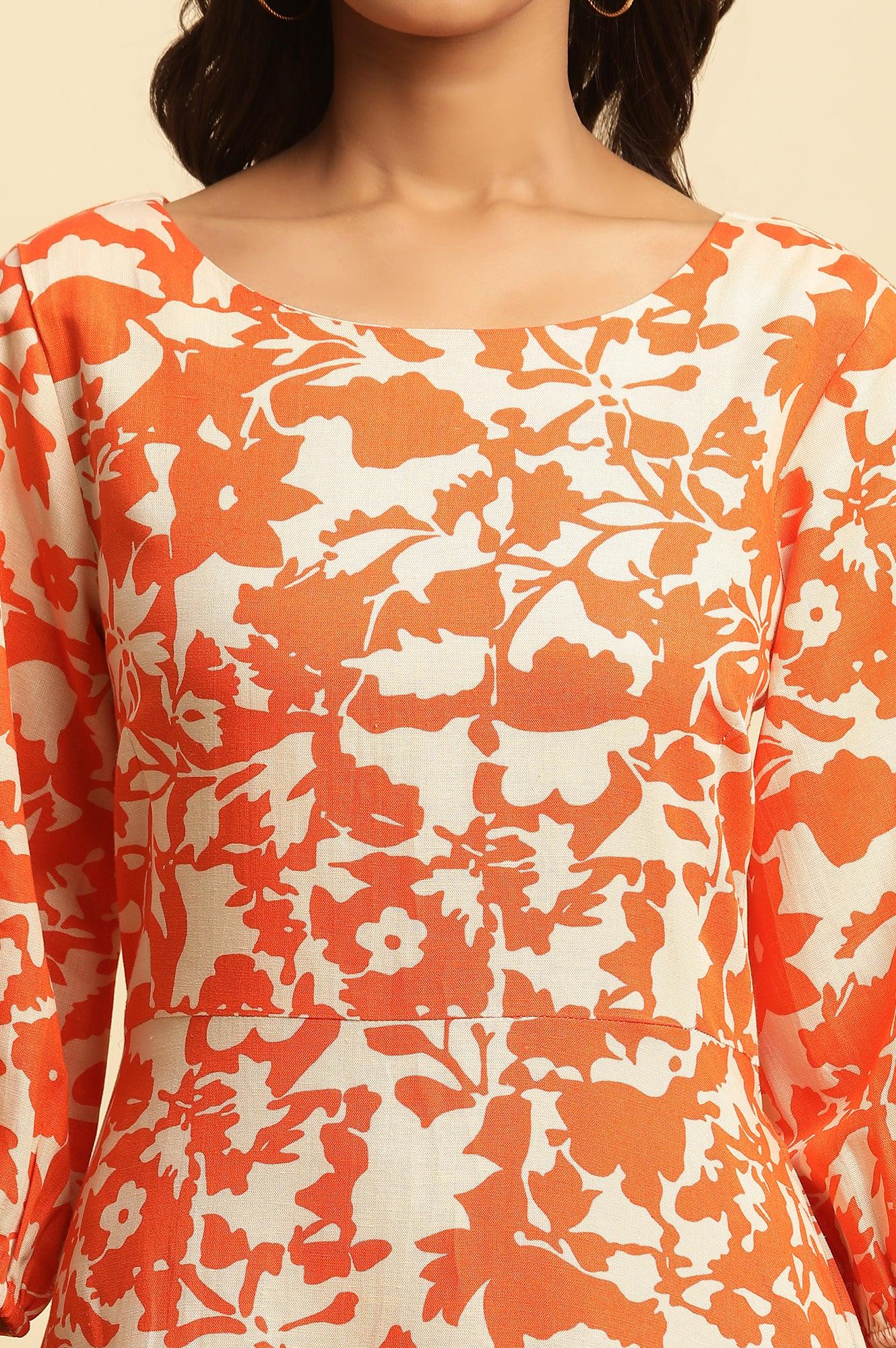 Orange And White Printed Long Western Dress - wforwoman