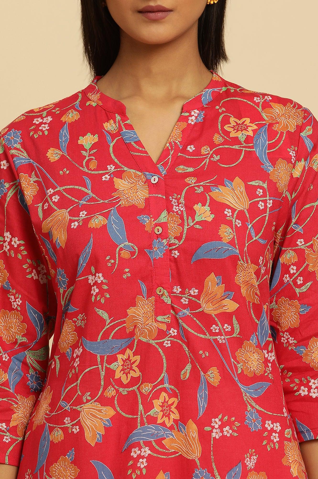 Red Floral Printed Straight Kurta - wforwoman