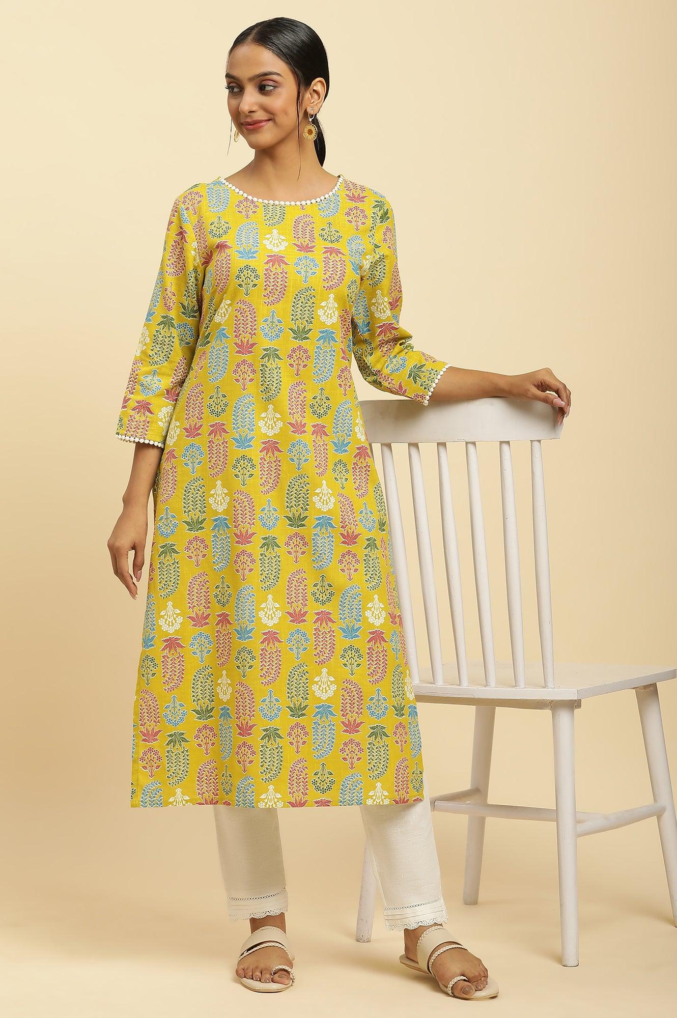 Yellow Floral Printed Cotton Kurta With Lace - wforwoman