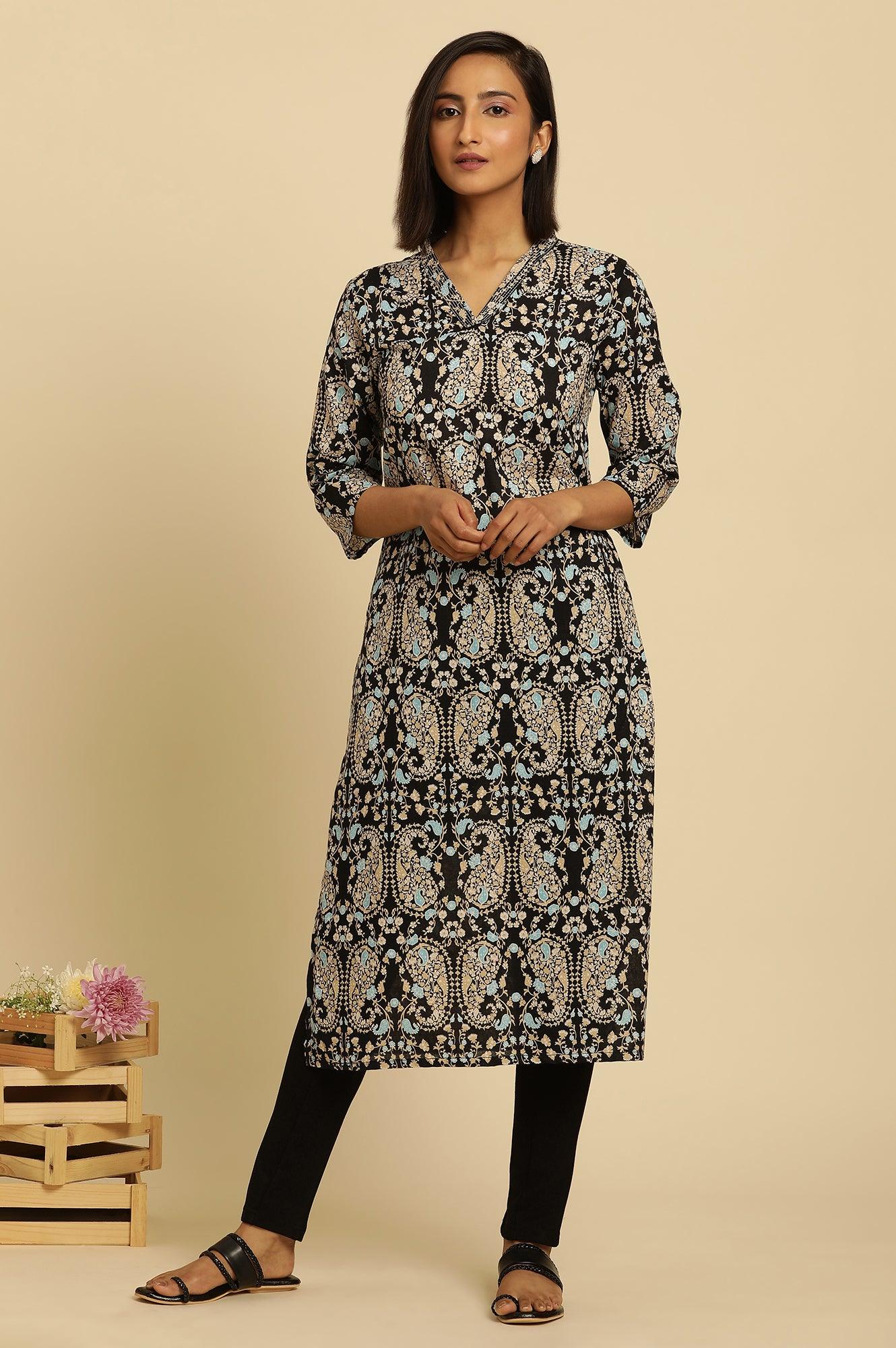 Black Paisley Printed Cotton Kurta - wforwoman