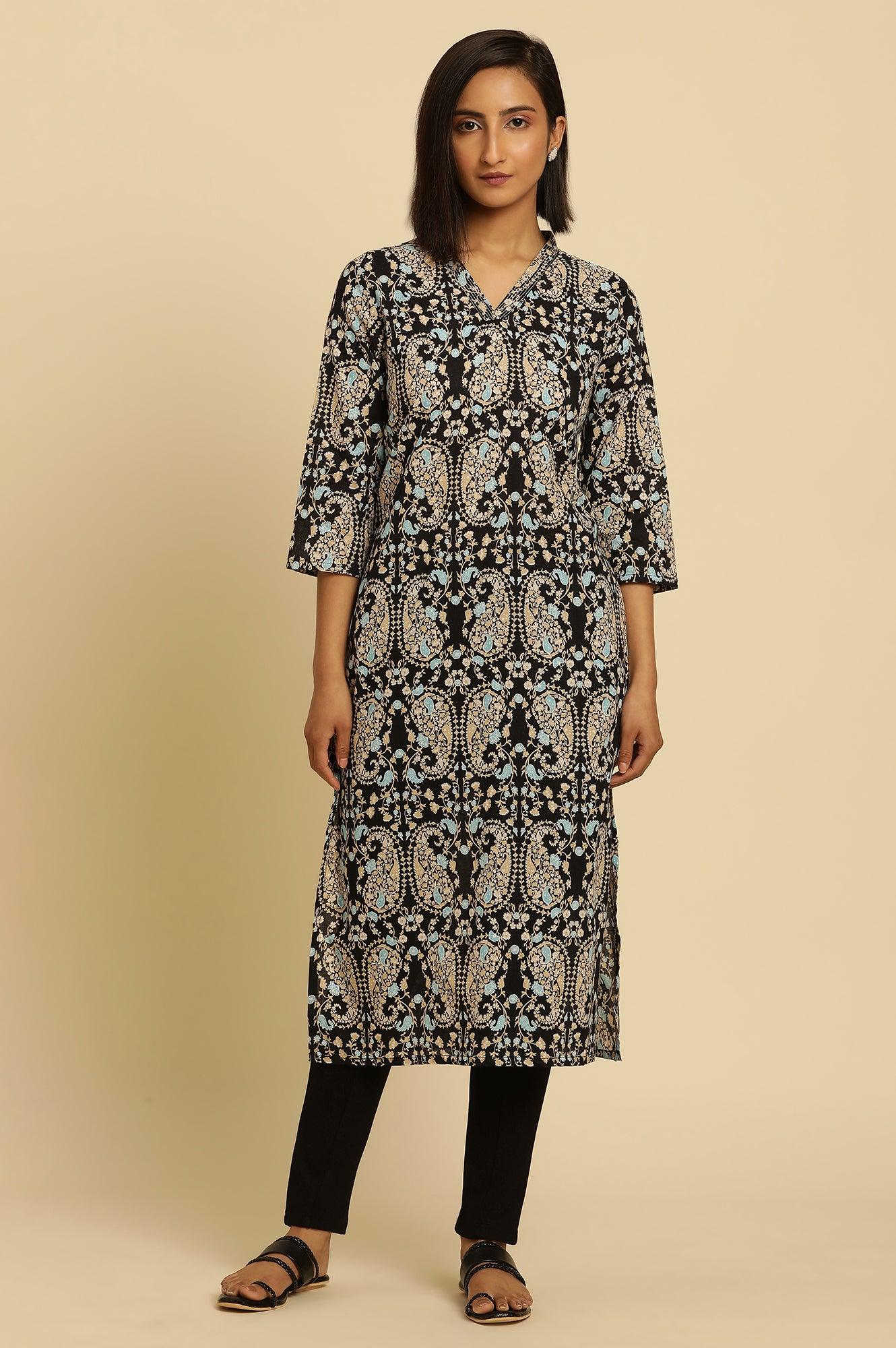 Black Paisley Printed Cotton Kurta - wforwoman