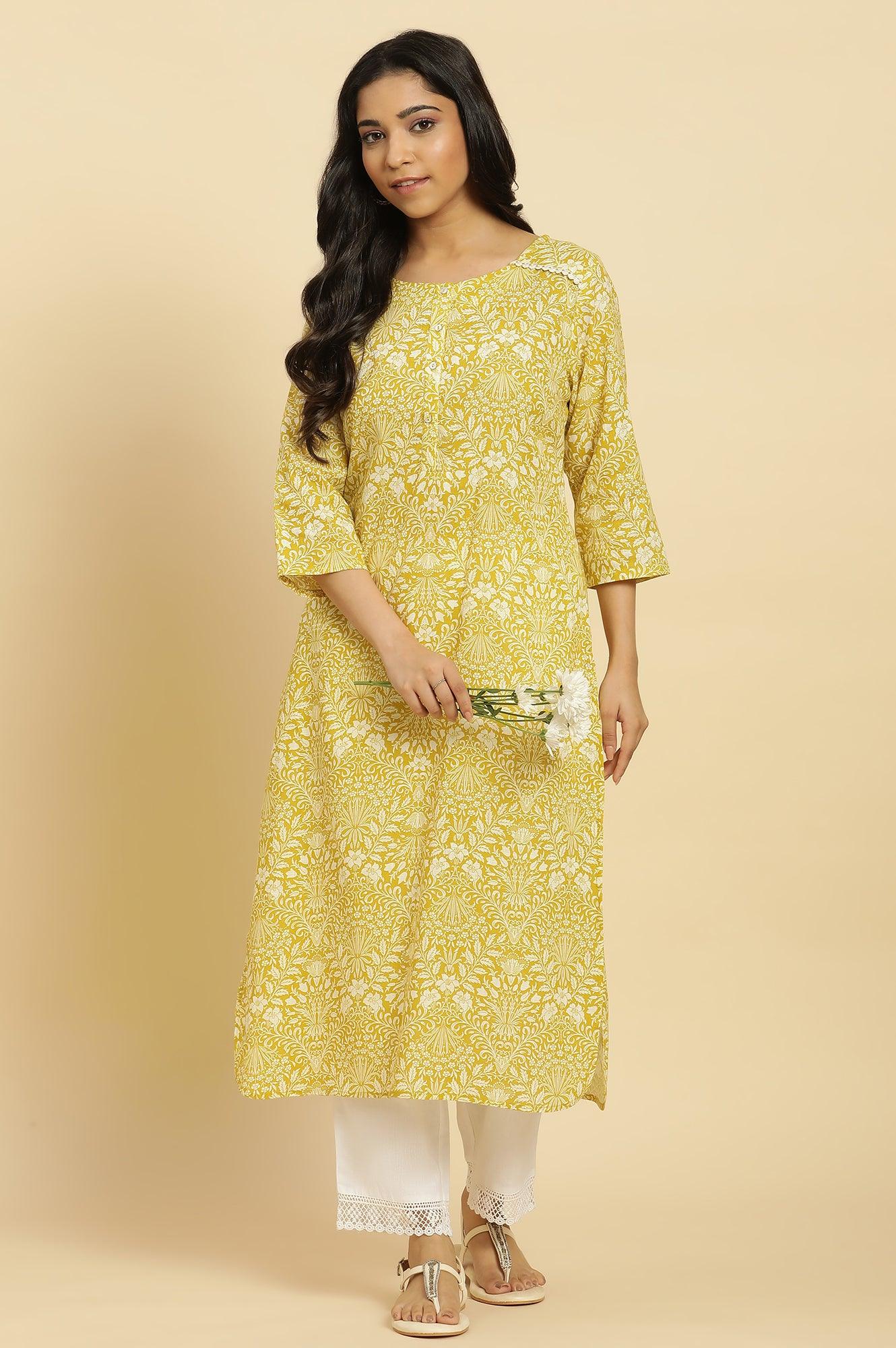 Yellow Floral Printed Cotton Kurta - wforwoman