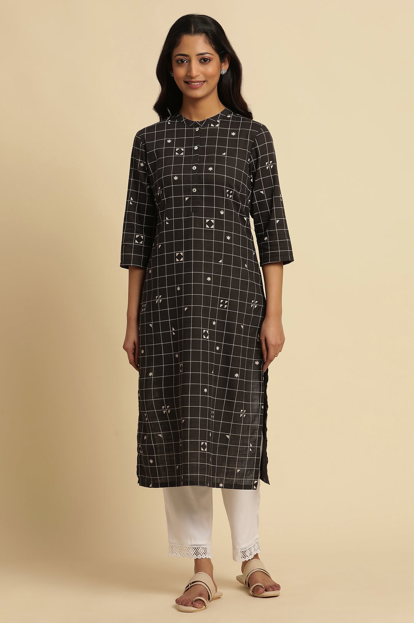 Black Cotton Geometric Printed Summer Kurta