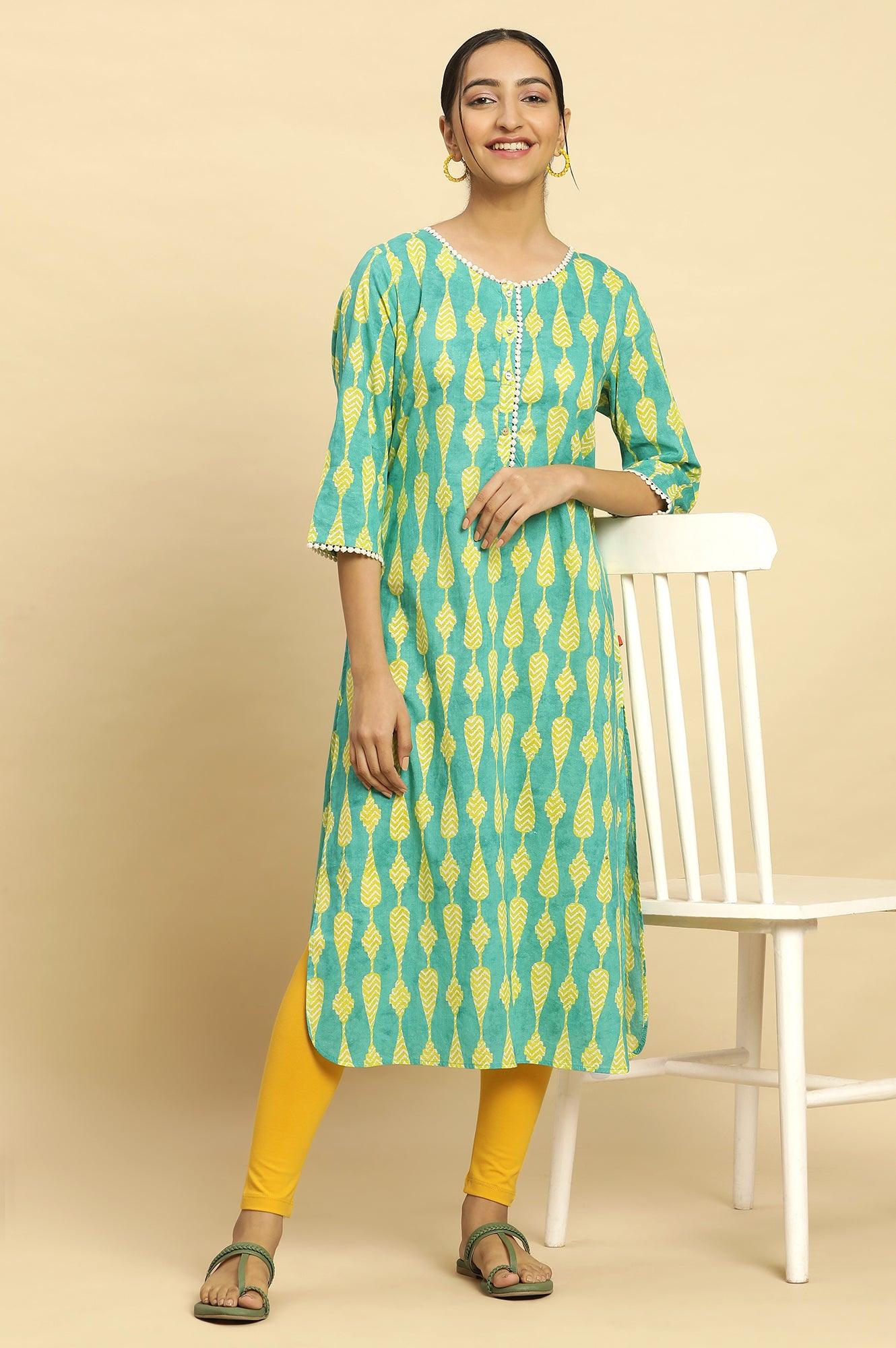 Green Geometric Printed Cotton Kurta - wforwoman