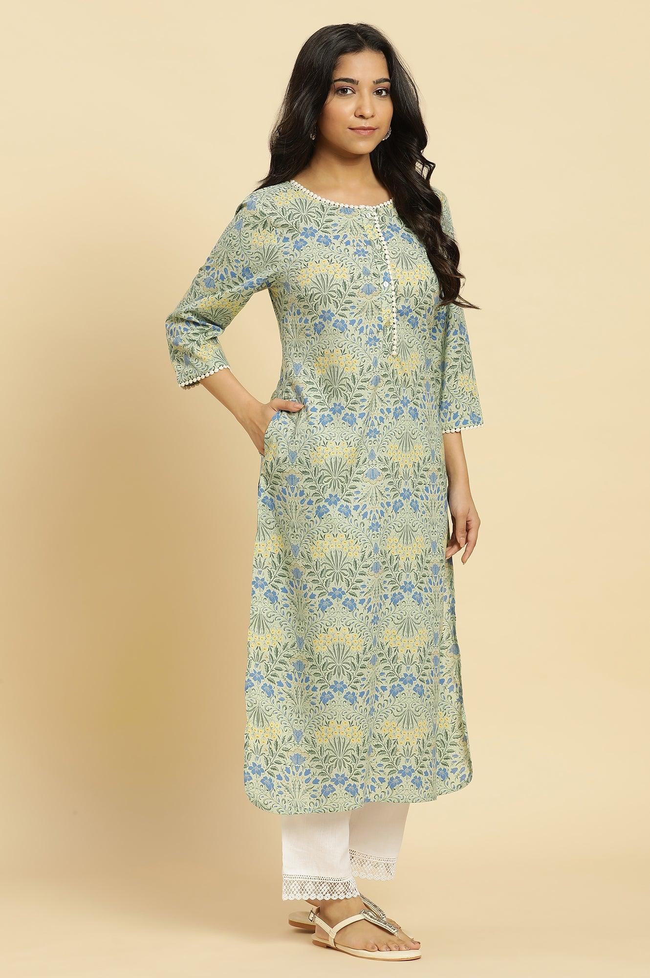 Light Green Printed Cambric Kurta With Lace - wforwoman