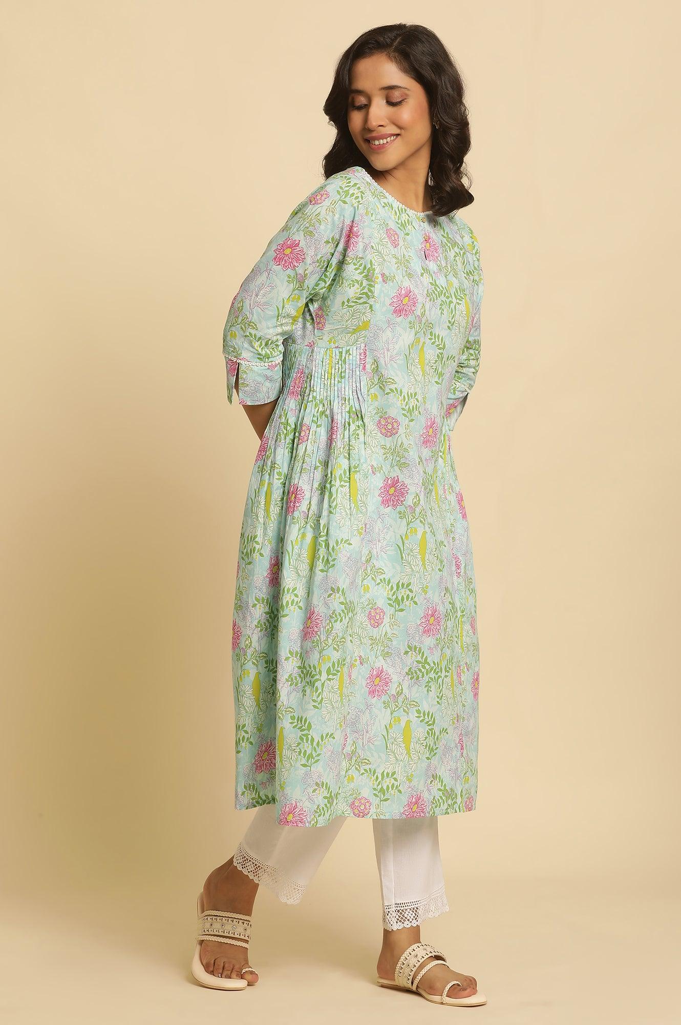 Blue Floral Printed Side Pleated Kurta - wforwoman