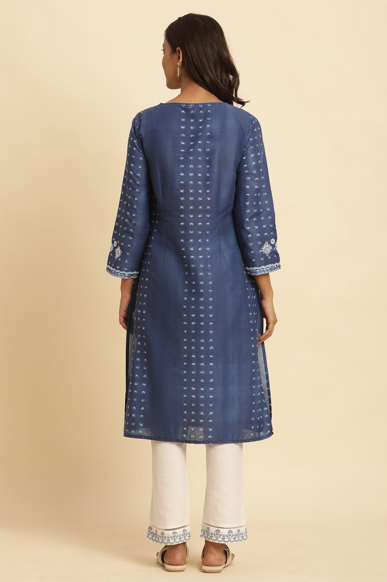 Blue Tie And Dye Printed Kurta With Embroidery - wforwoman
