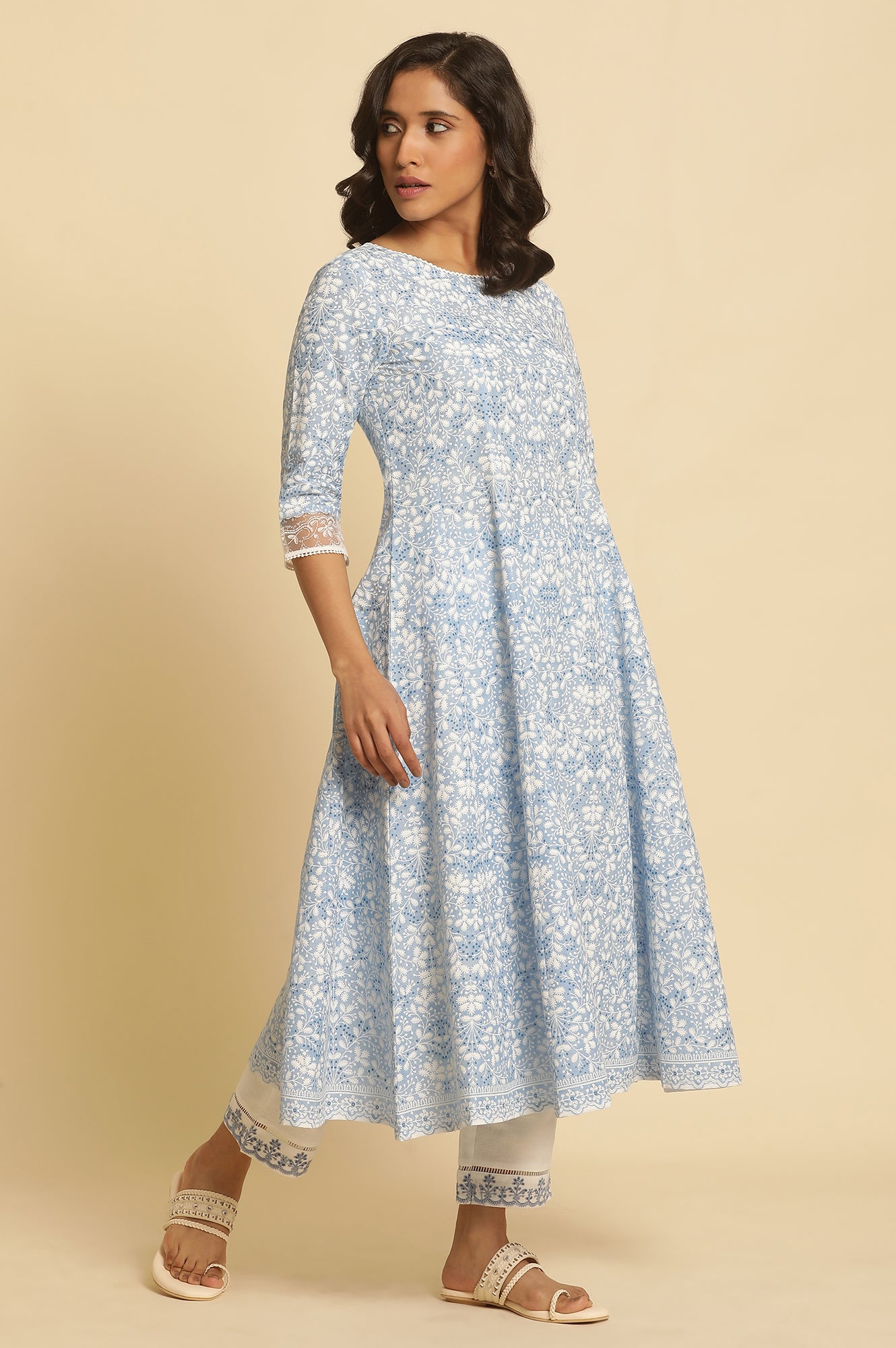 Light Blue Floral Printed Pure Cotton Anarkali Kurta
