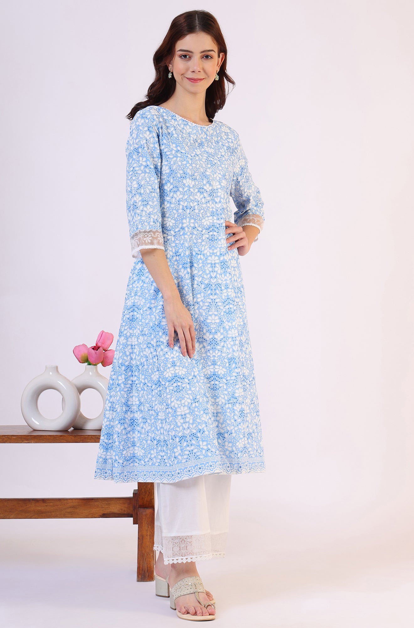 Light Blue Floral Printed Pure Cotton Anarkali Kurta and Straight Pants Set