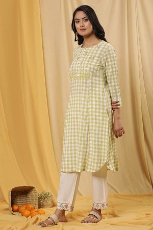White And Celery Green A-Line Cotton Checker Kurta