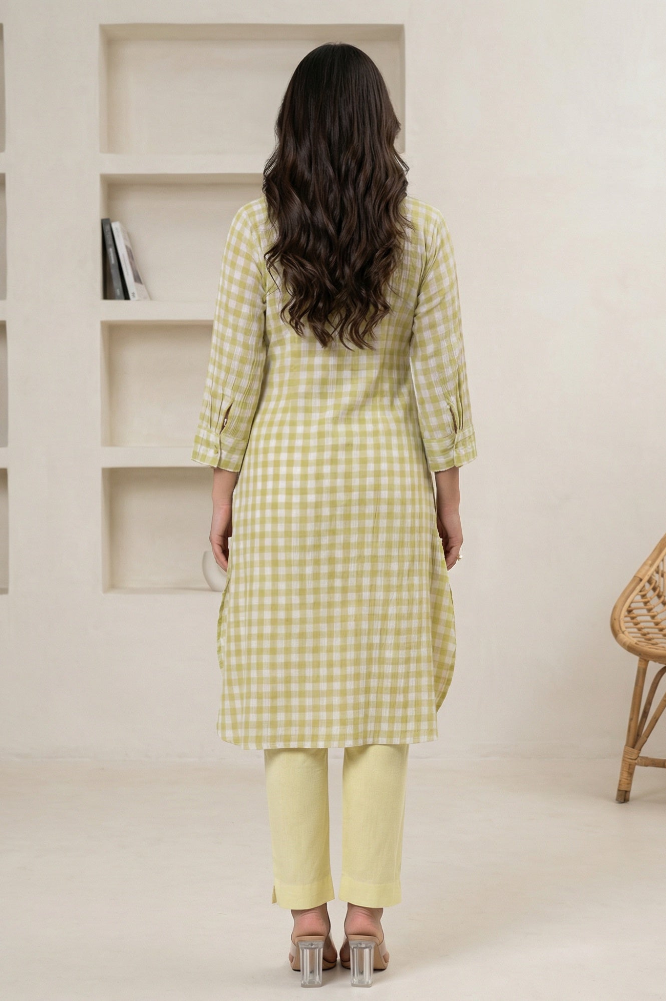 White And Celery Green A-Line Cotton Checker Kurta