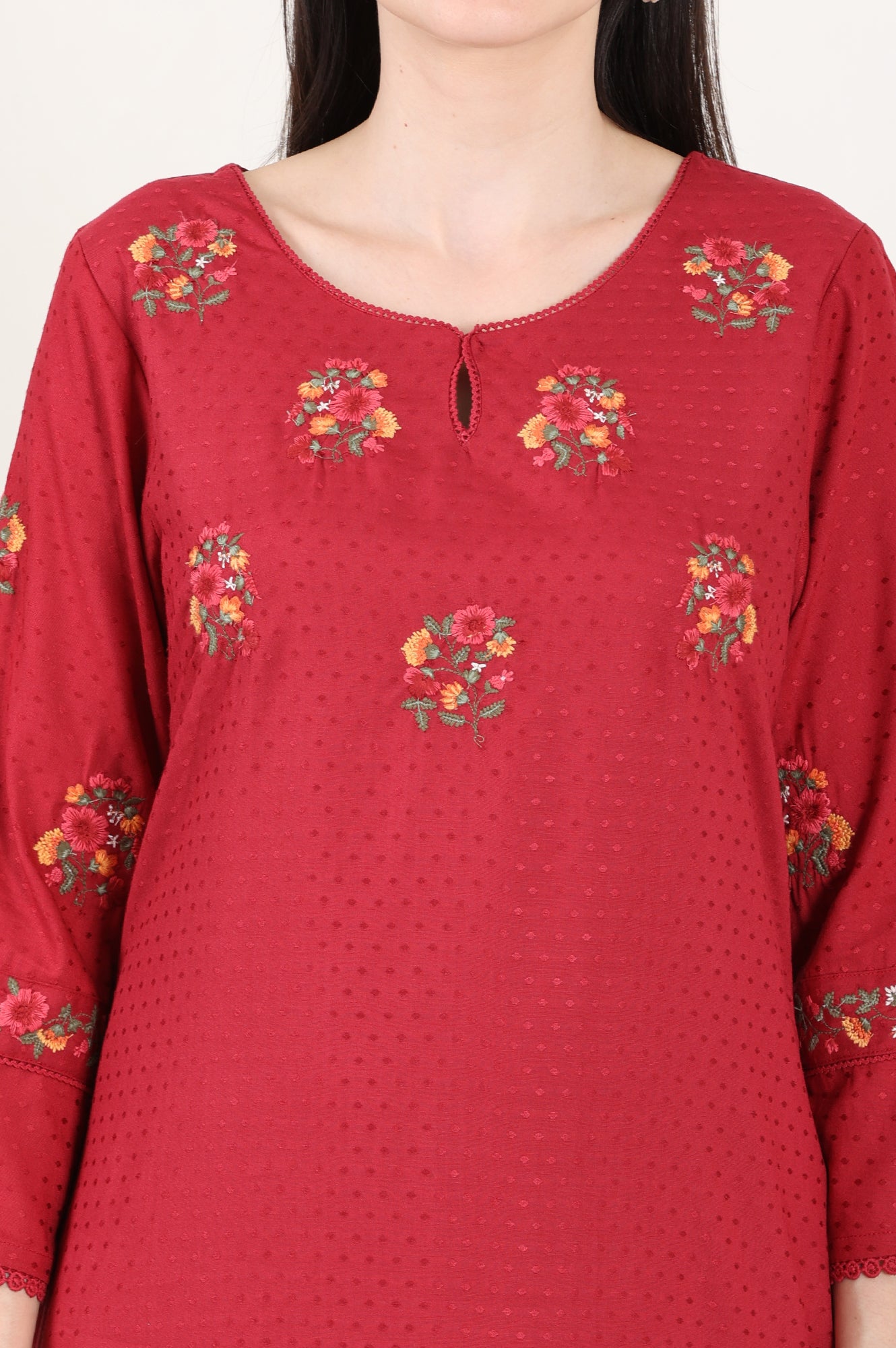 Maroon Thread Embroidered Yoke Textured Dobby Straight Kurta - wforwoman