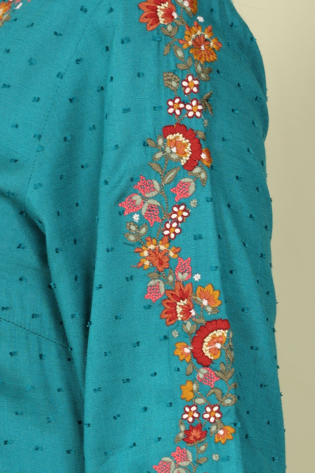Teal Thread Embroidered Neck Textured Dobby Straight Kurta - wforwoman
