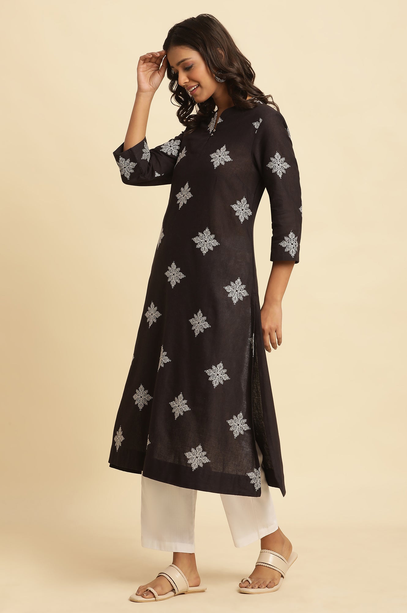 Black Embroidered A-Line Kurta