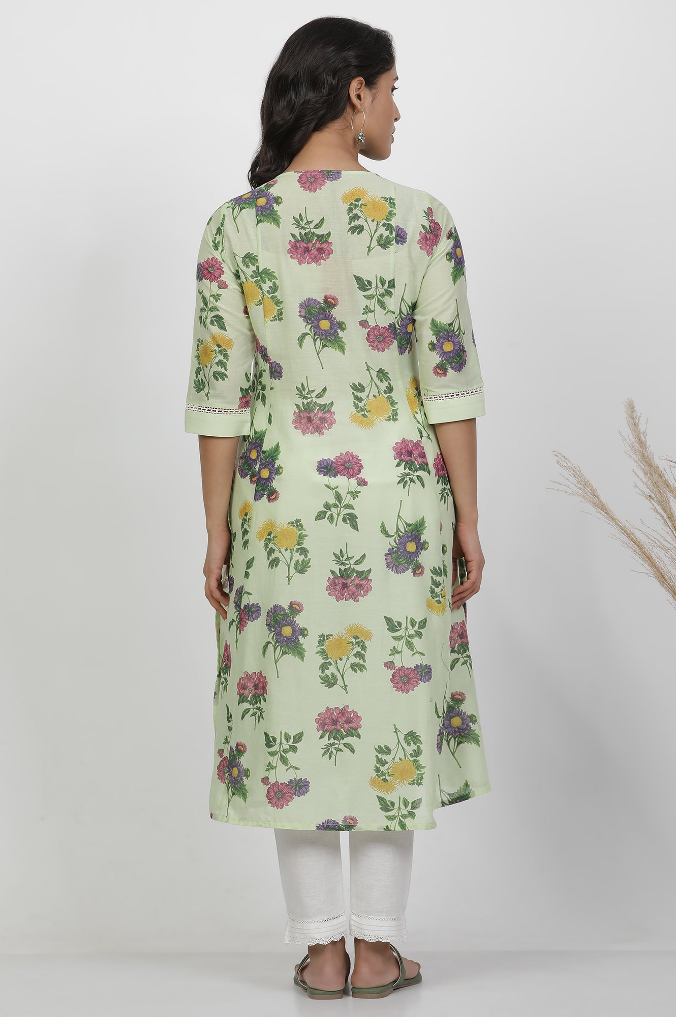 Green Floral Printed Flared Pintuck Kurta