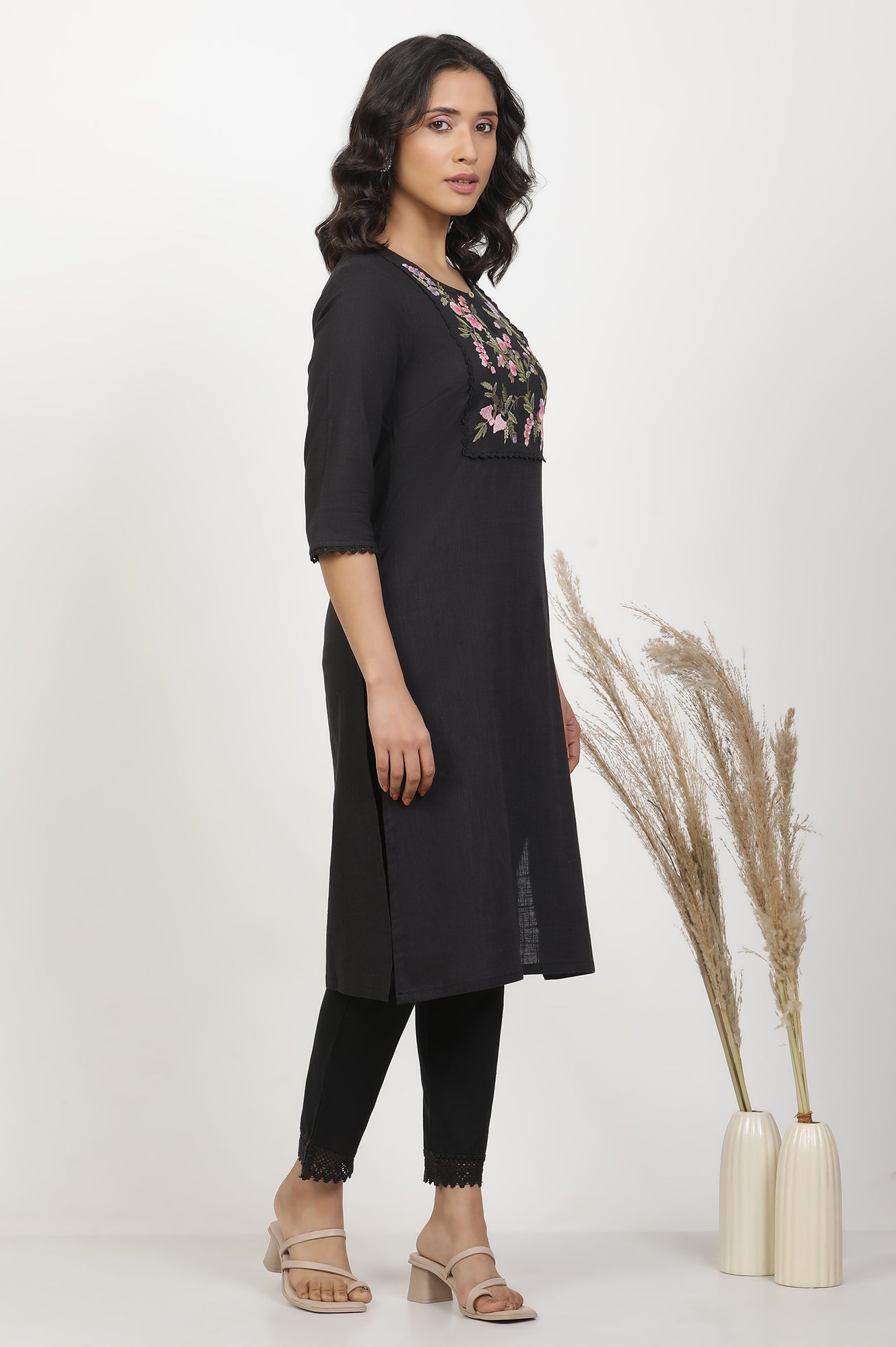Black Textured Cotton Dobby Embroidered Kurta