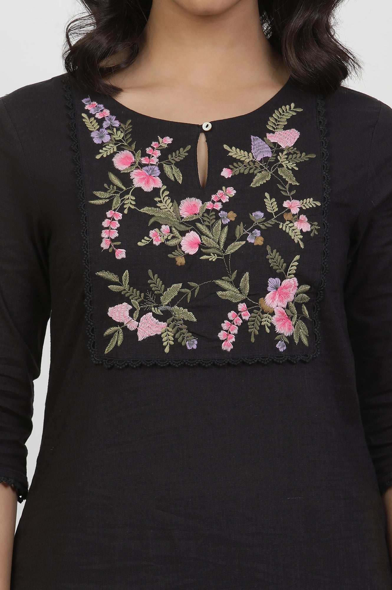 Black Textured Cotton Dobby Embroidered Kurta