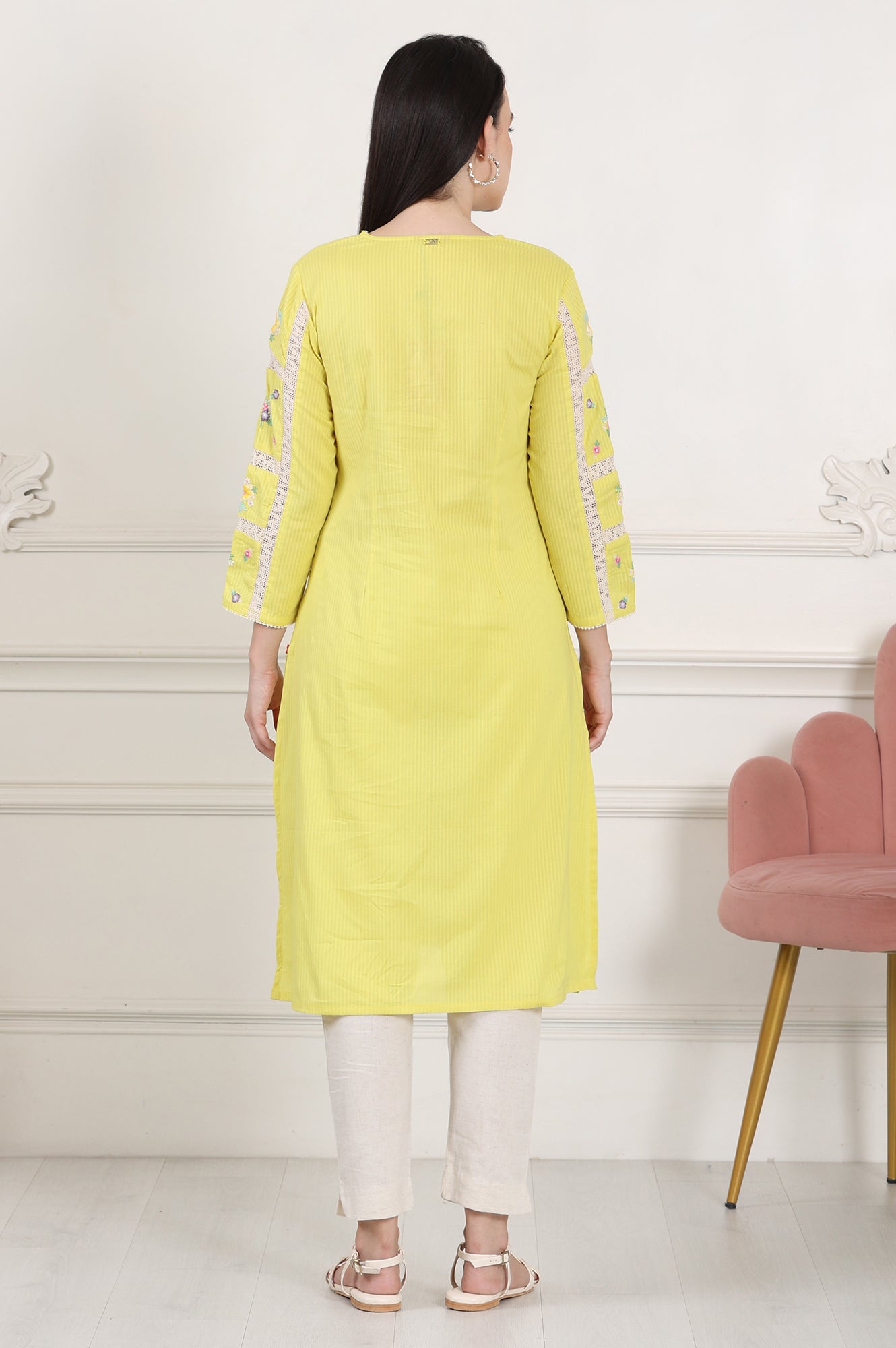 Lemon Yellow Floral Thread Embroidered Pure Cotton Straight Kurta - wforwoman