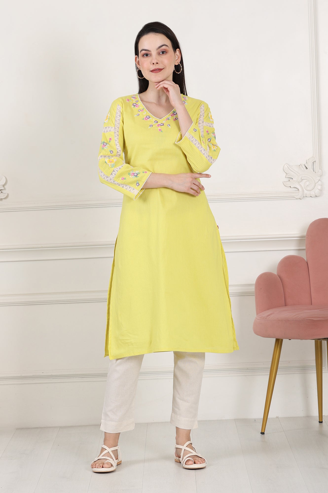 Lemon Yellow Floral Thread Embroidered Pure Cotton Straight Kurta
