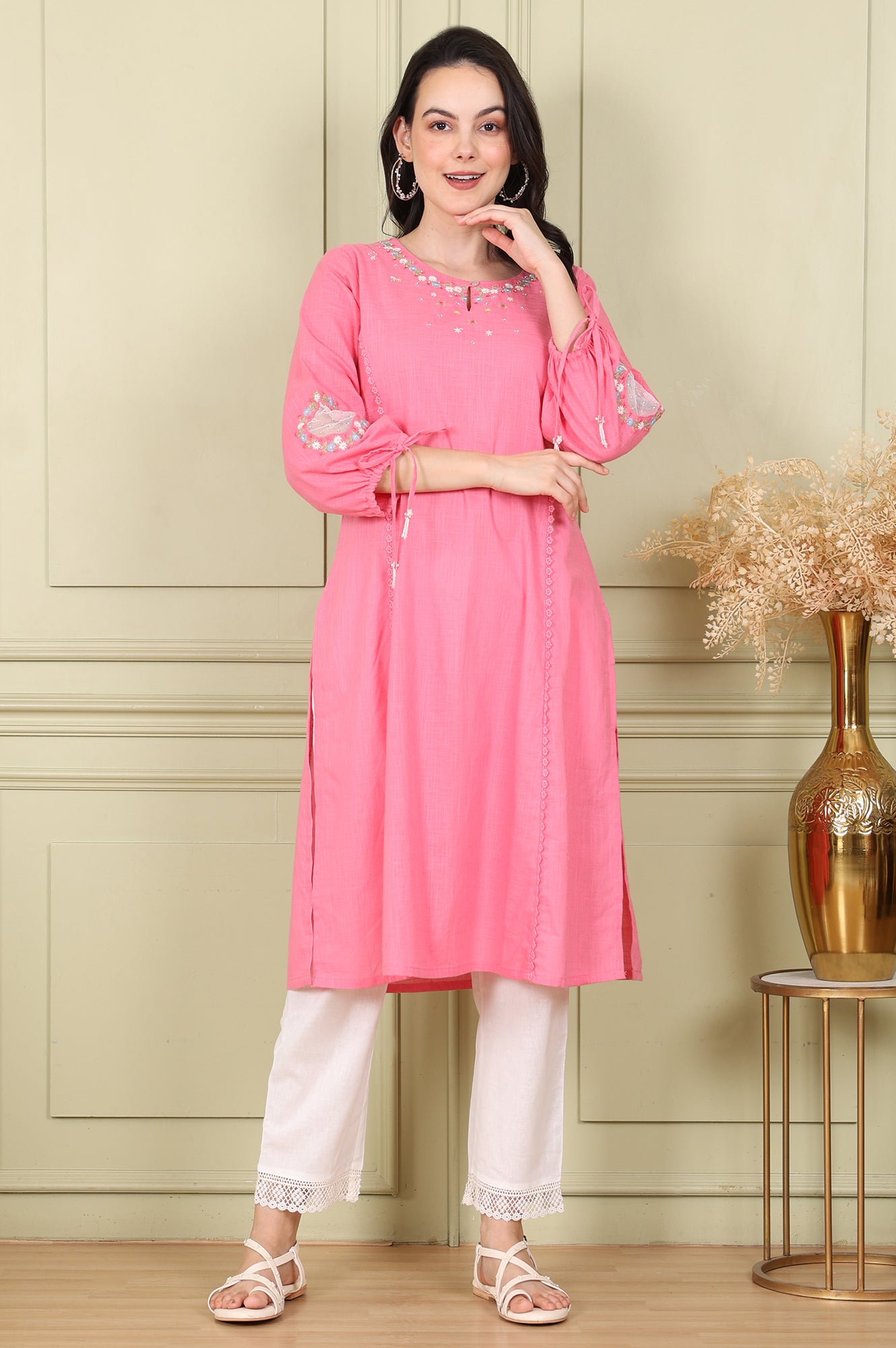 Light Pink Floral Embroidered Pure Cotton Textured Straight Kurta