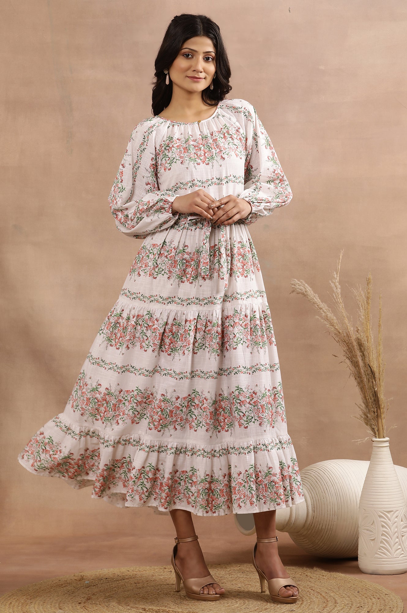 Buy White Floral Printed Long Tiered Dress Online for Woman | WforWoman Buy White Floral Printed Long Tiered Dress Online for Woman | WforWoman