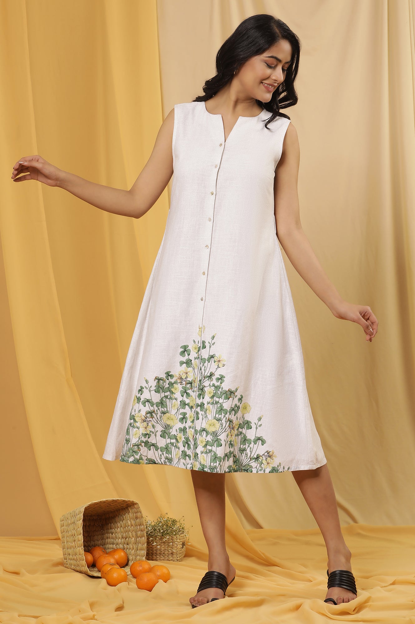 Buy White Floral Printed A-Line Sleeveless Dress Online for Woman | WforWoman Buy White Floral Printed A-Line Sleeveless Dress Online for Woman | WforWoman