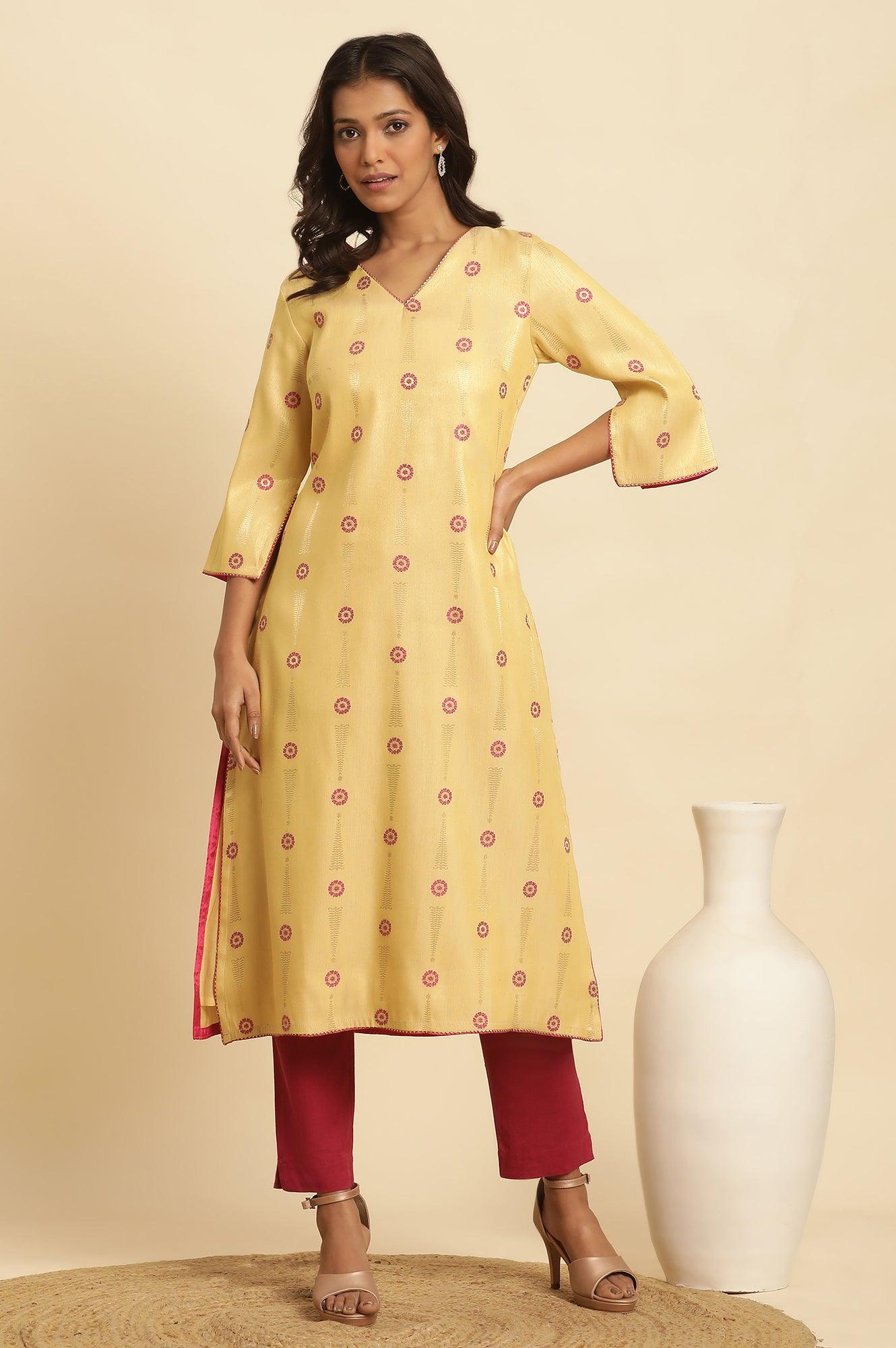 Yellow Printed Jacquard Kurta - wforwoman