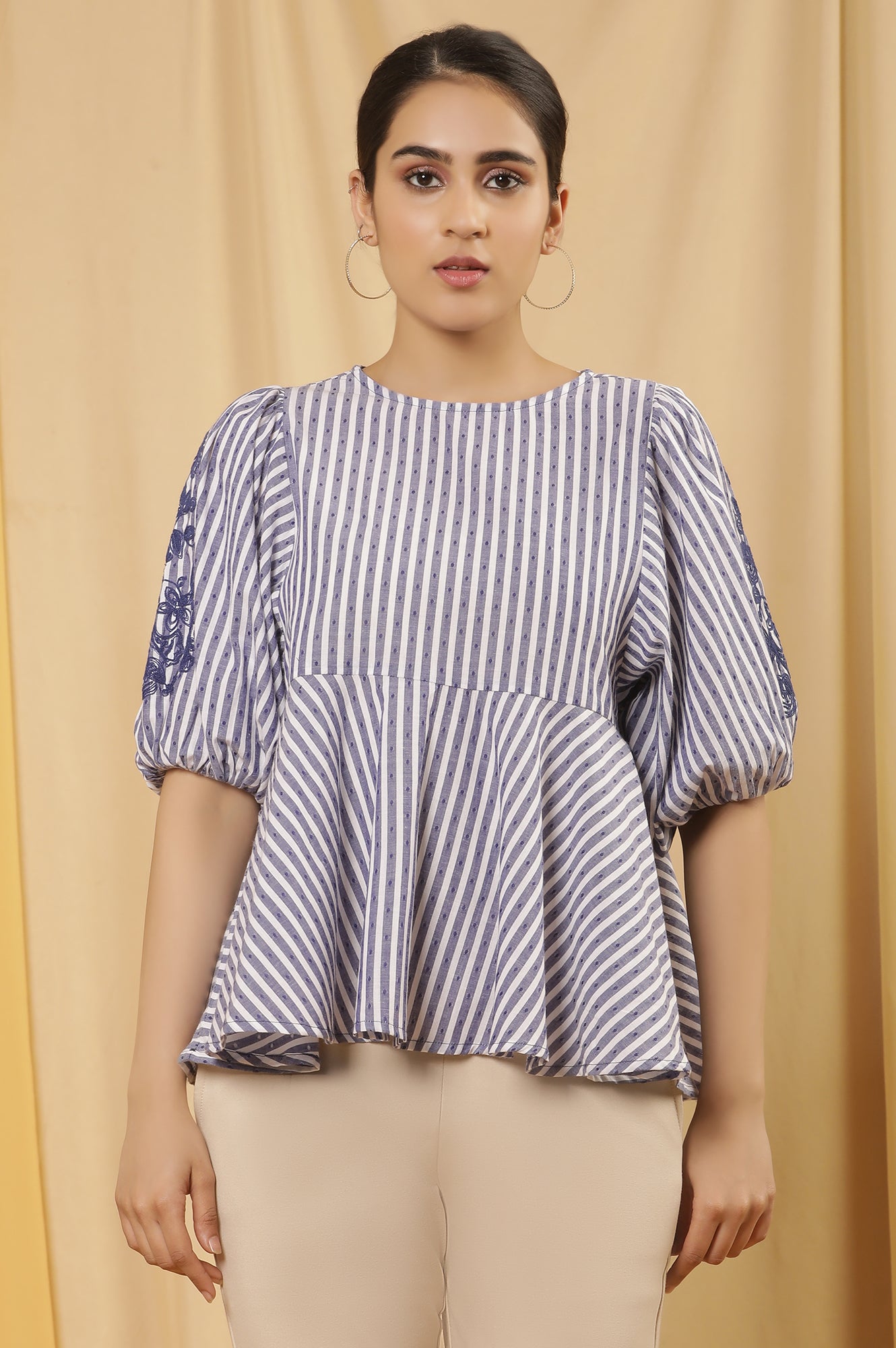 Buy White And Blue Yarn Dyed Peplum Top Online for Woman | WforWoman