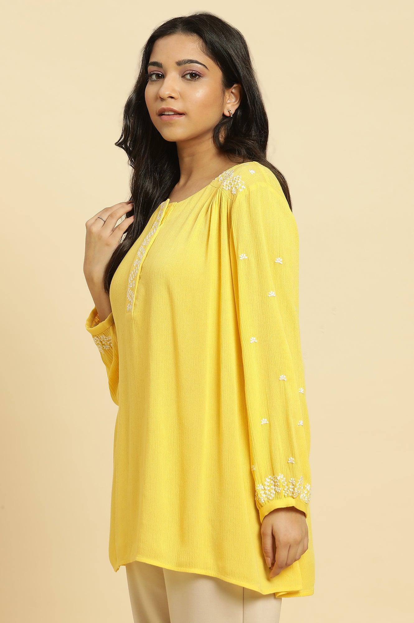 Yellow Summer Top With White Floral Embroidery - wforwoman