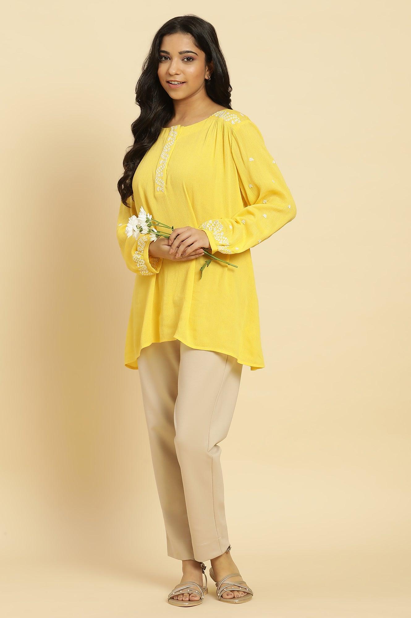 Yellow Summer Top With White Floral Embroidery - wforwoman