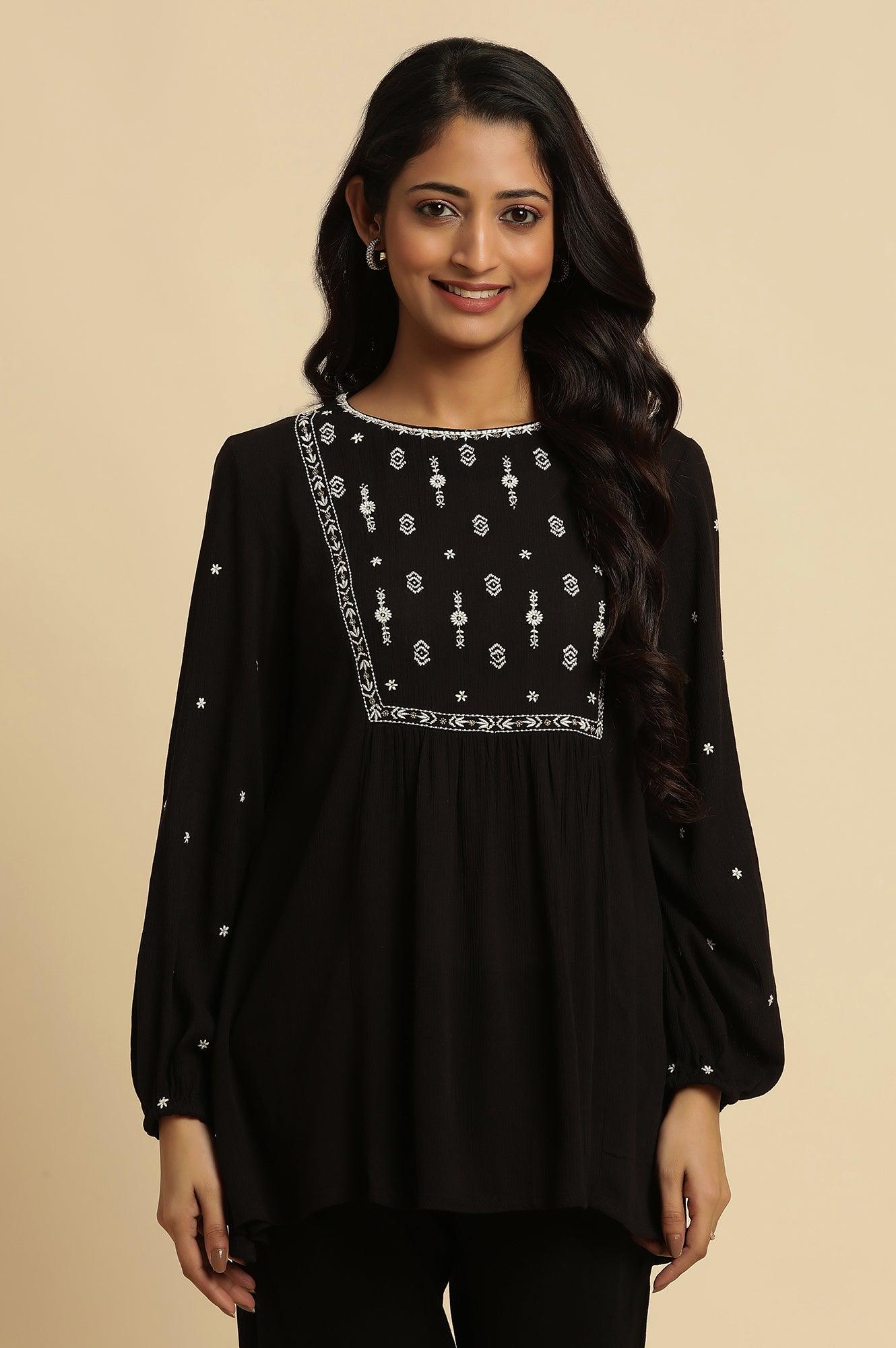 Black Top With Ivory Embroidered Yoke - wforwoman