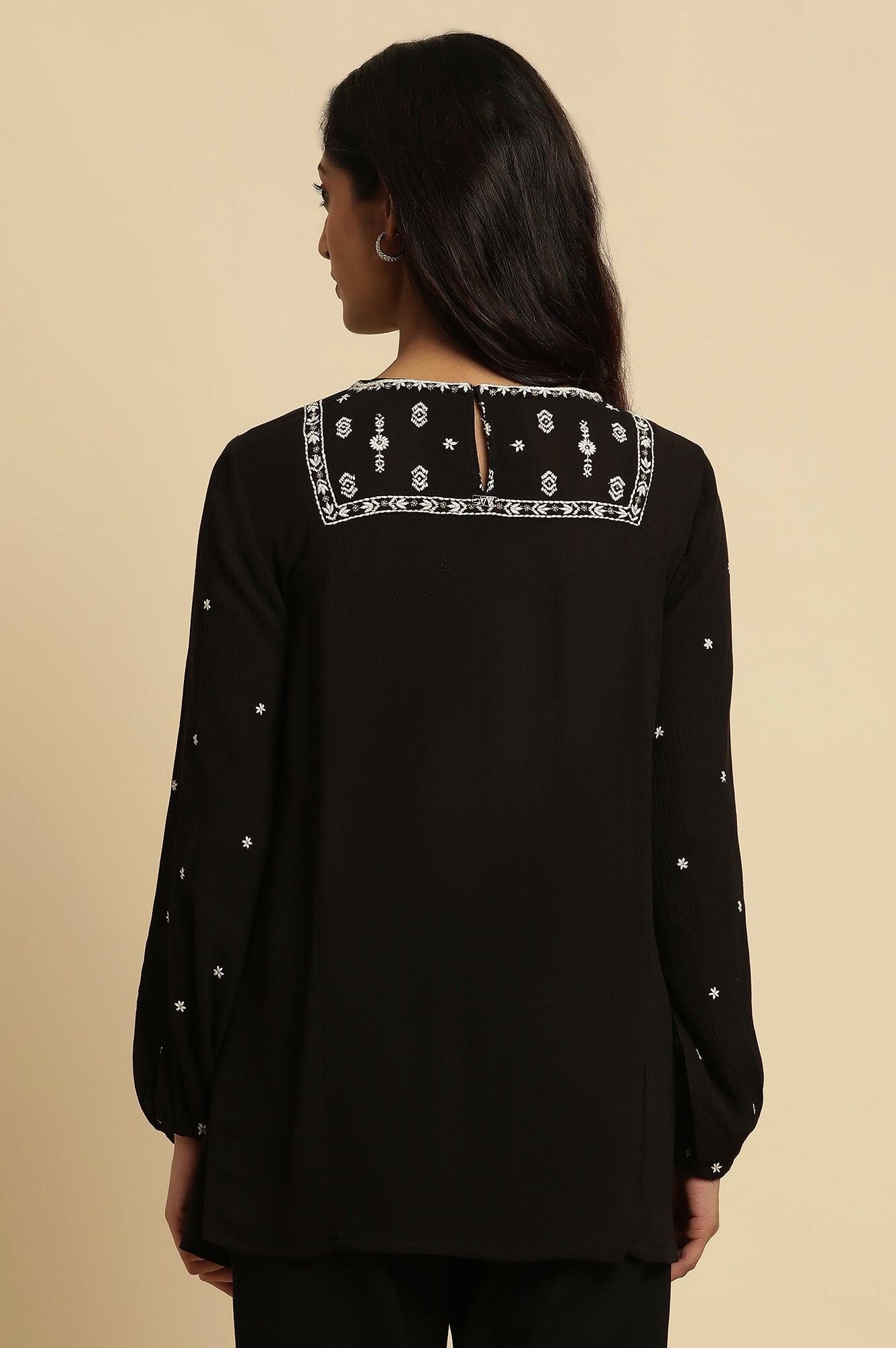 Black Top With Ivory Embroidered Yoke - wforwoman
