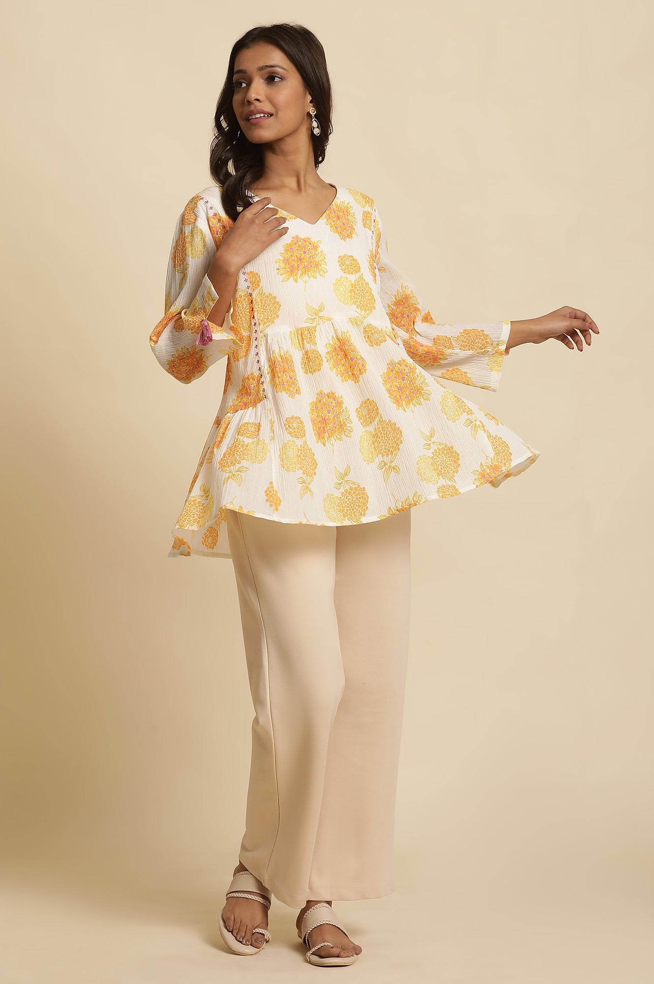 White Floral Printed Flared Peplum Top