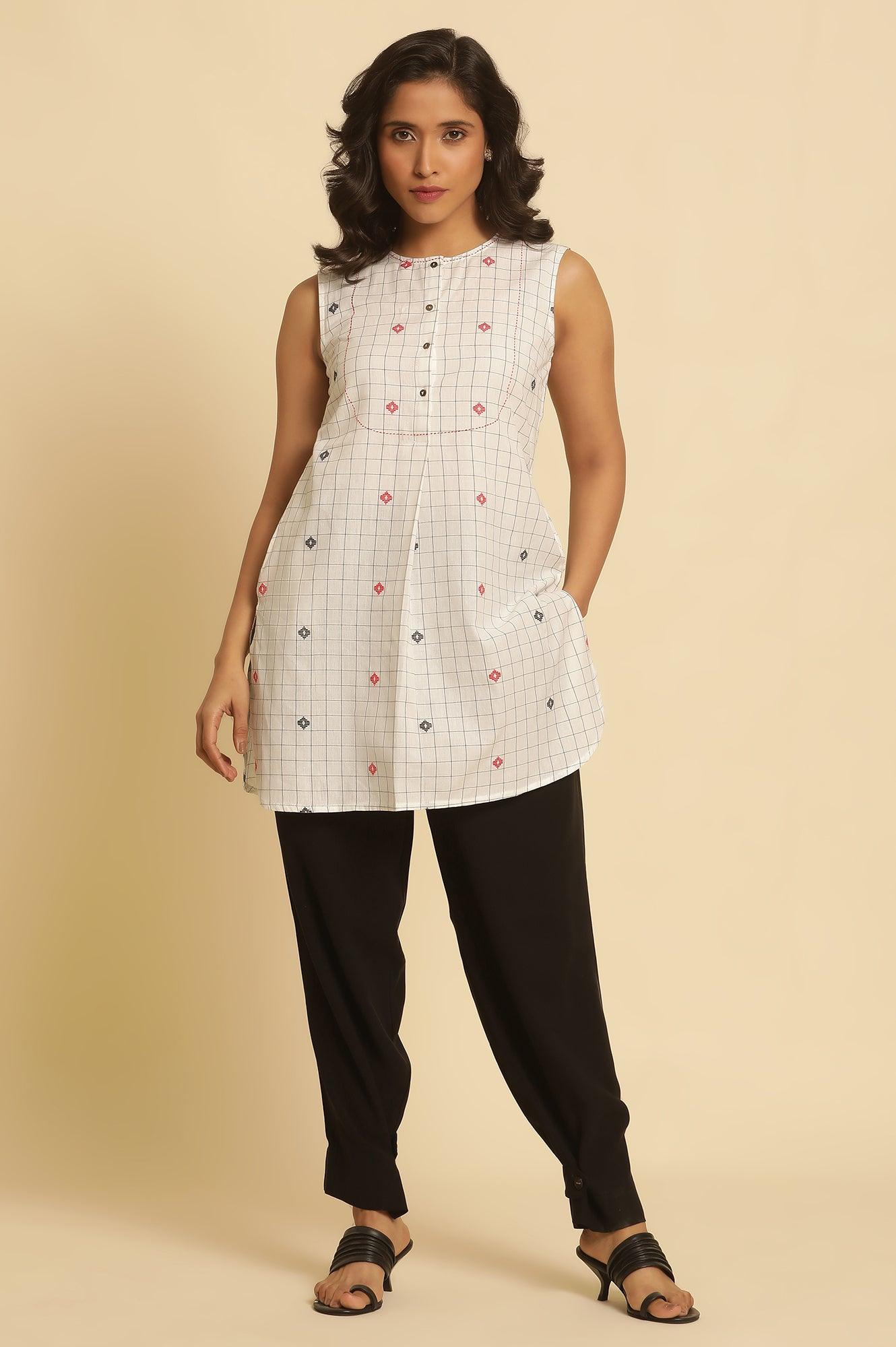White Checker Tunic With Curved Hemline - wforwoman