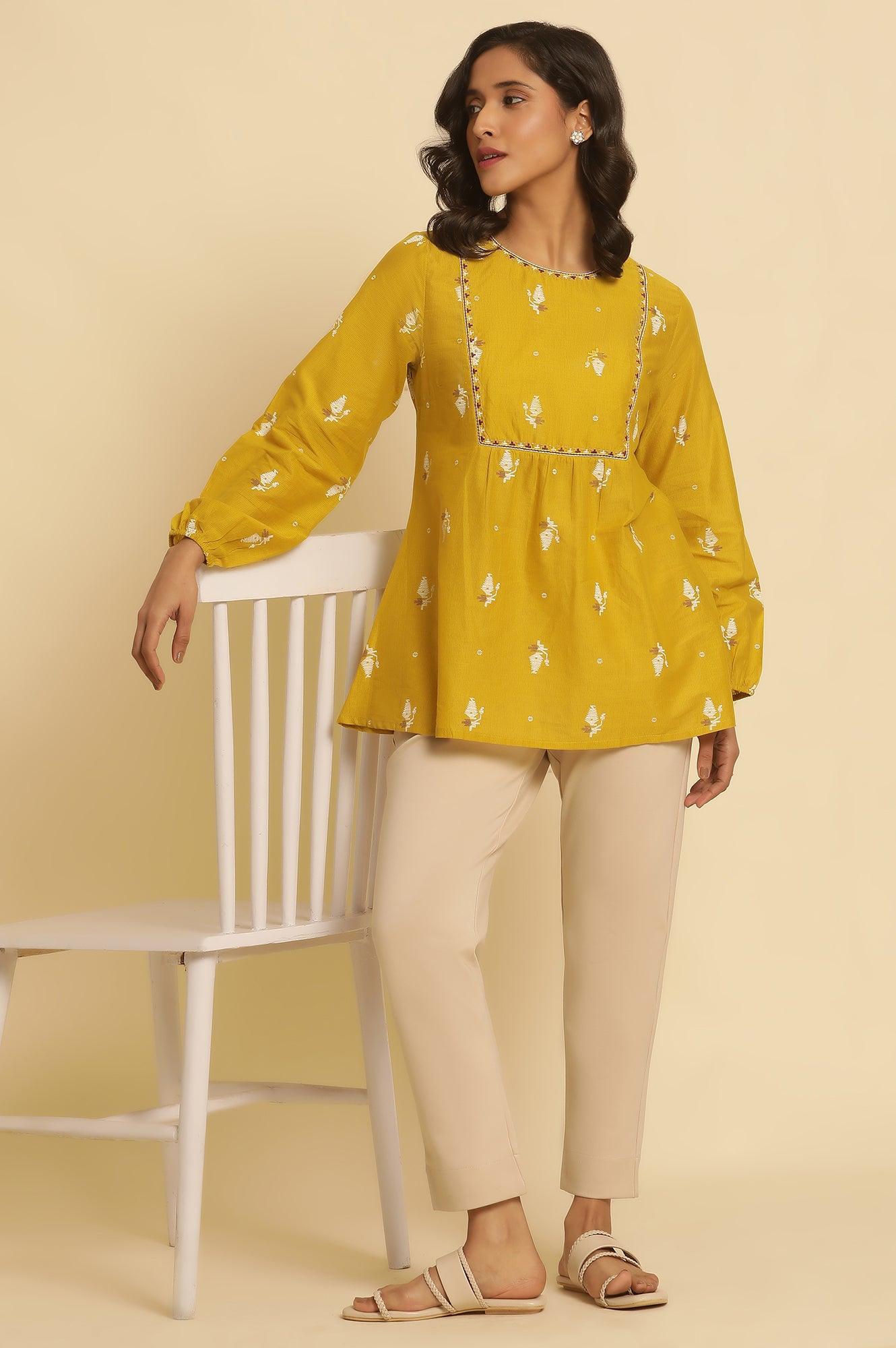 Yellow Geometric Printed And Embroidered Top - wforwoman