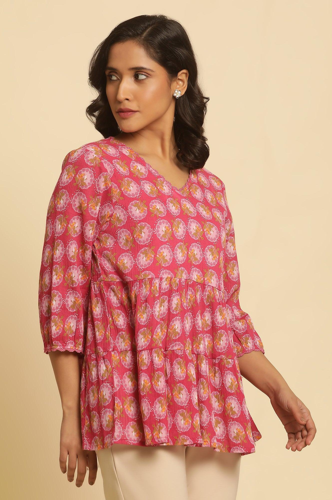 Pink Printed Tiered Top - wforwoman