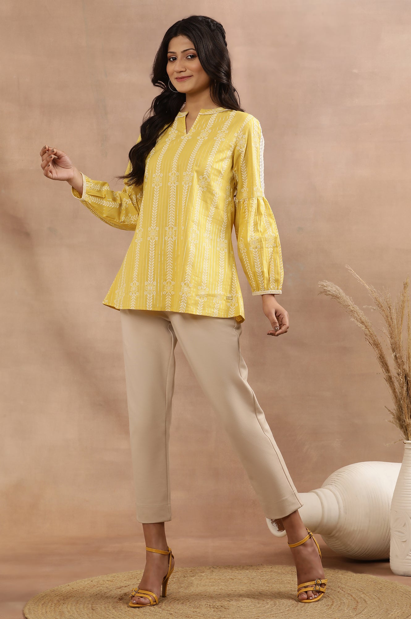 Yellow Printed Top With Tie-Up Detail